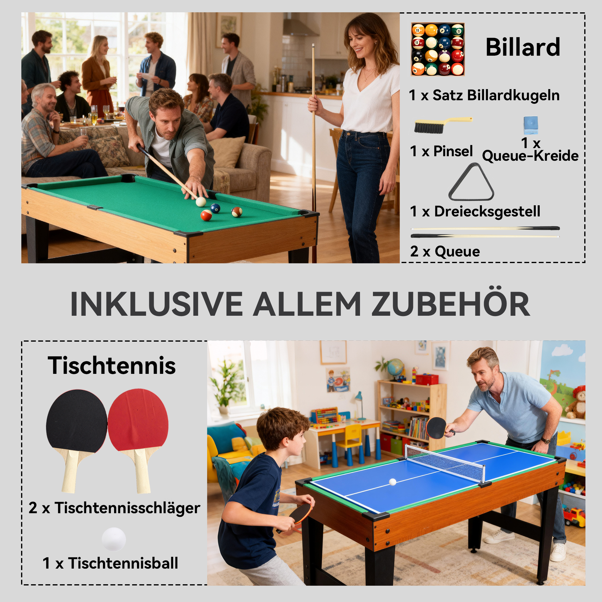 5-in-1 Multispiel-Tisch, 53 Zubehör-Teile, Tischfußball, Tischhockey , Tischtennis, Billard, Basketball, Walnuss