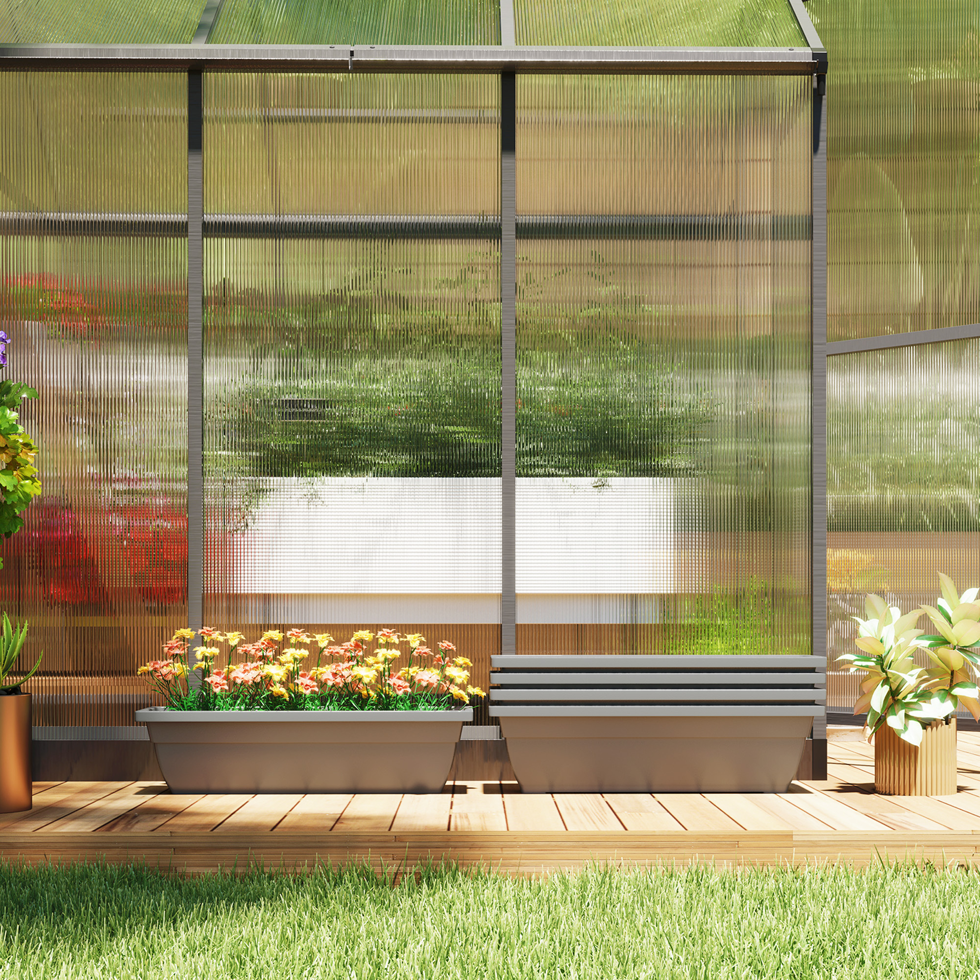 5er-Set Blumentöpfe, Pflanzengefäße aus Kunststoff für Terrasse, Garten, Balkon, 59 x 21 x 16 cm, Grau