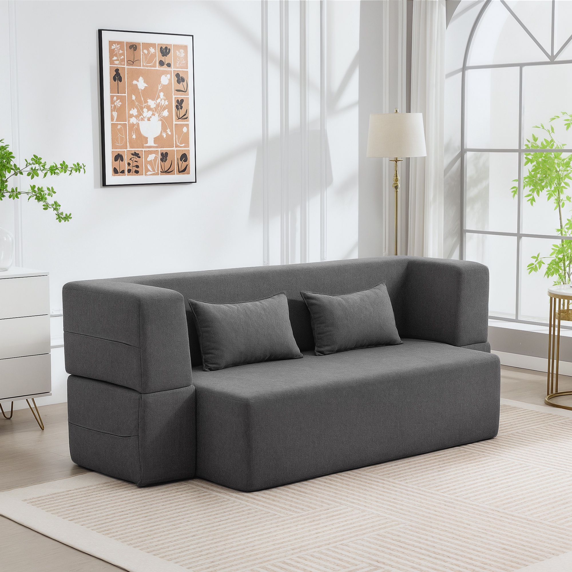 2-Sitzer-Schlafsofa aus Schaumstoff, Schlafcouch mit breiten Armlehnen, 2 Kissen, 360 kg Belastbarkeit, Grau