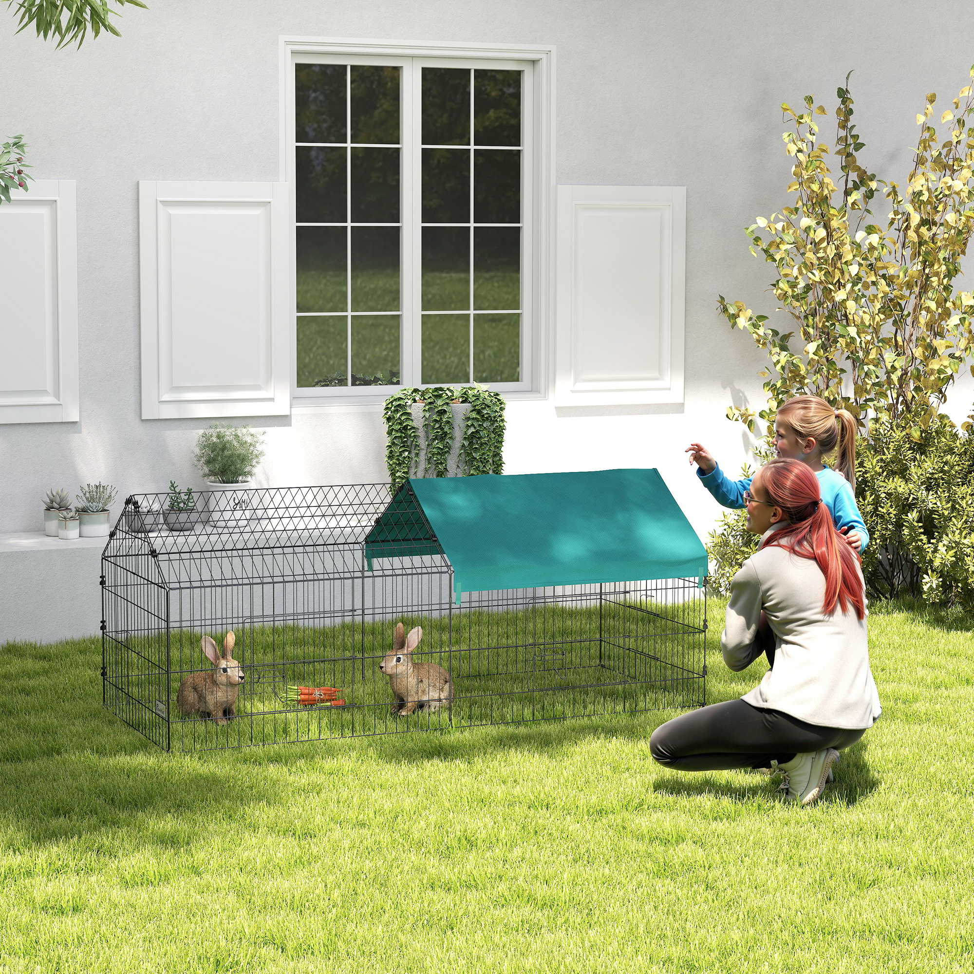 Kleintiergehege mit Dach, 4 Türen, wetterfest, Stahl/Polyester, 185x75x75cm, Schwarz/Grün
