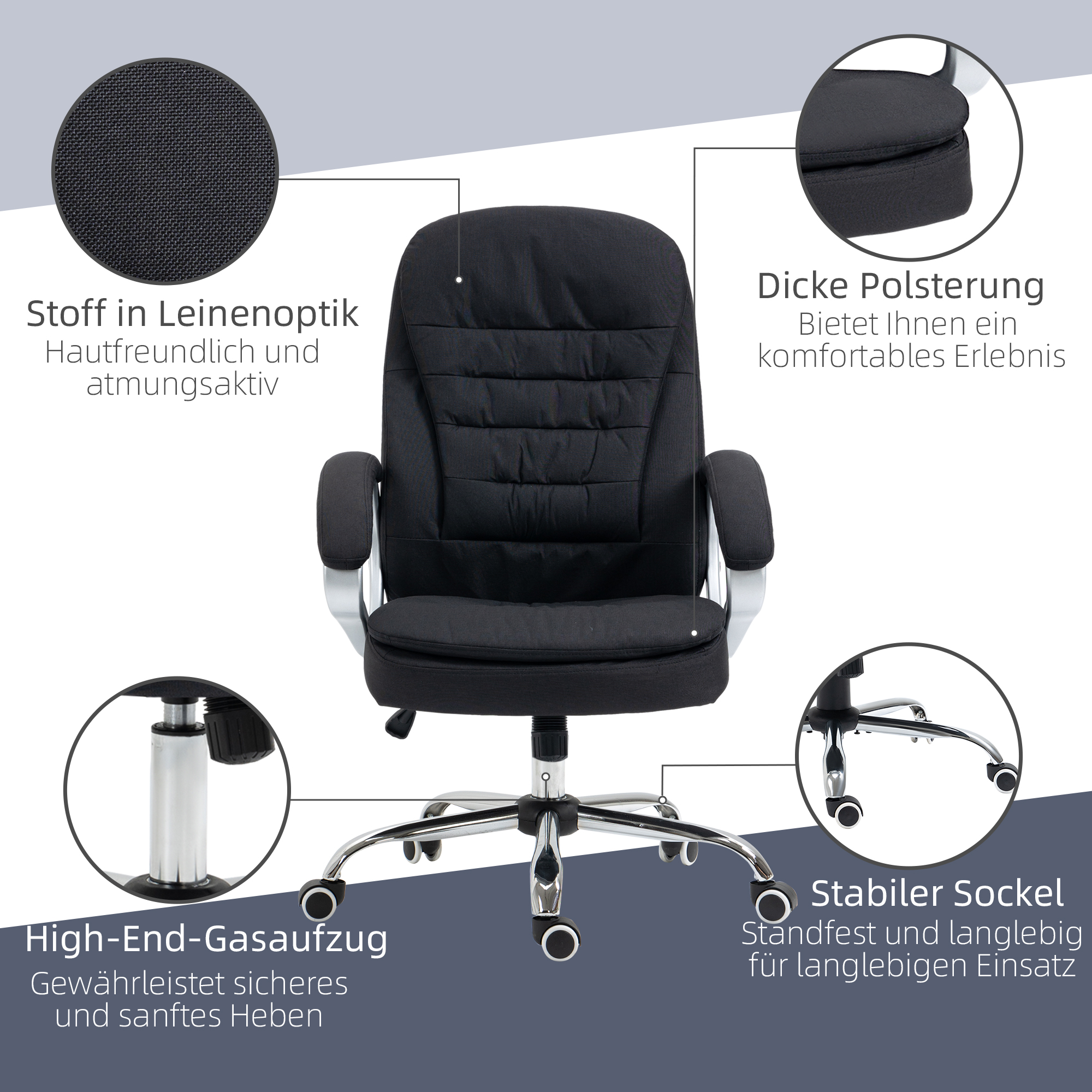 Bürostuhl Arbeitsstuhl Schreibtischstuhl Drehstuhl 360° Ergonomisch Wippfunktion Höhenverstellbar Schwarz Leinen 64 x 75 x 111-121 cm