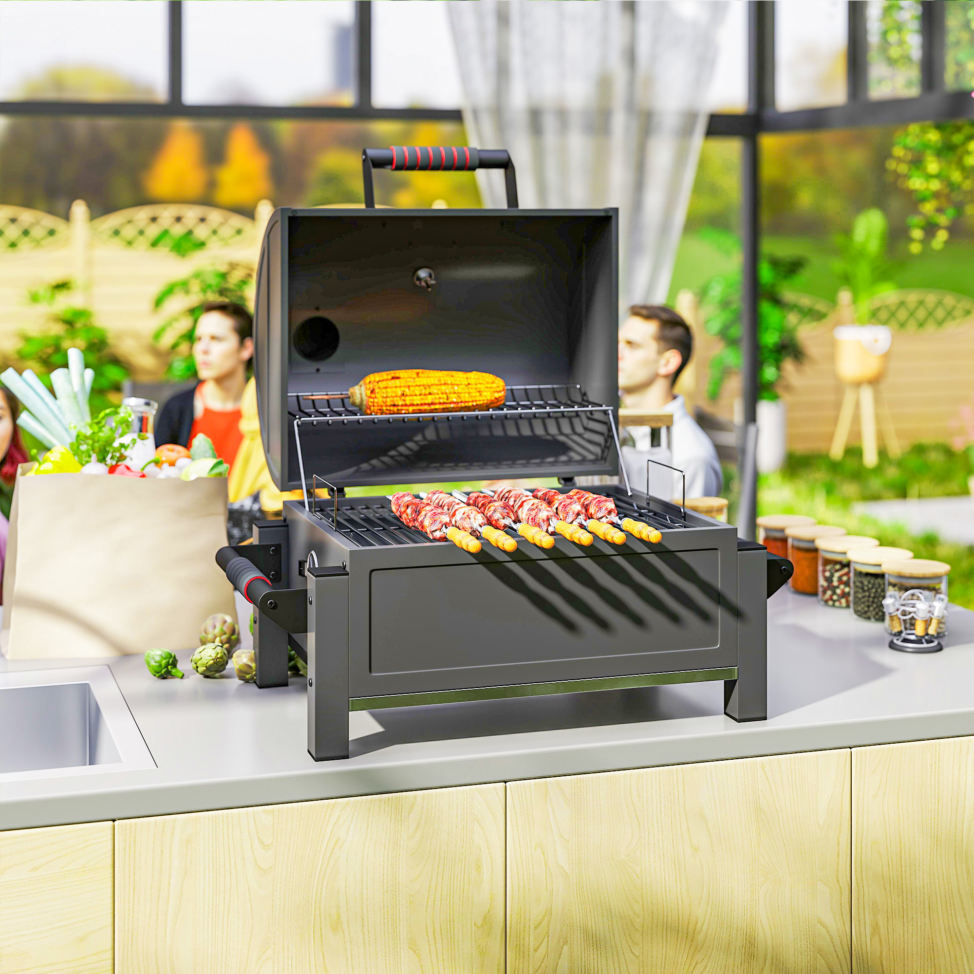 Kohlegrill mit Deckel, Warmhalterost, Aschefach, Thermometer, rostfrei, 67 x 53 x 55cm, Schwarz/Rot