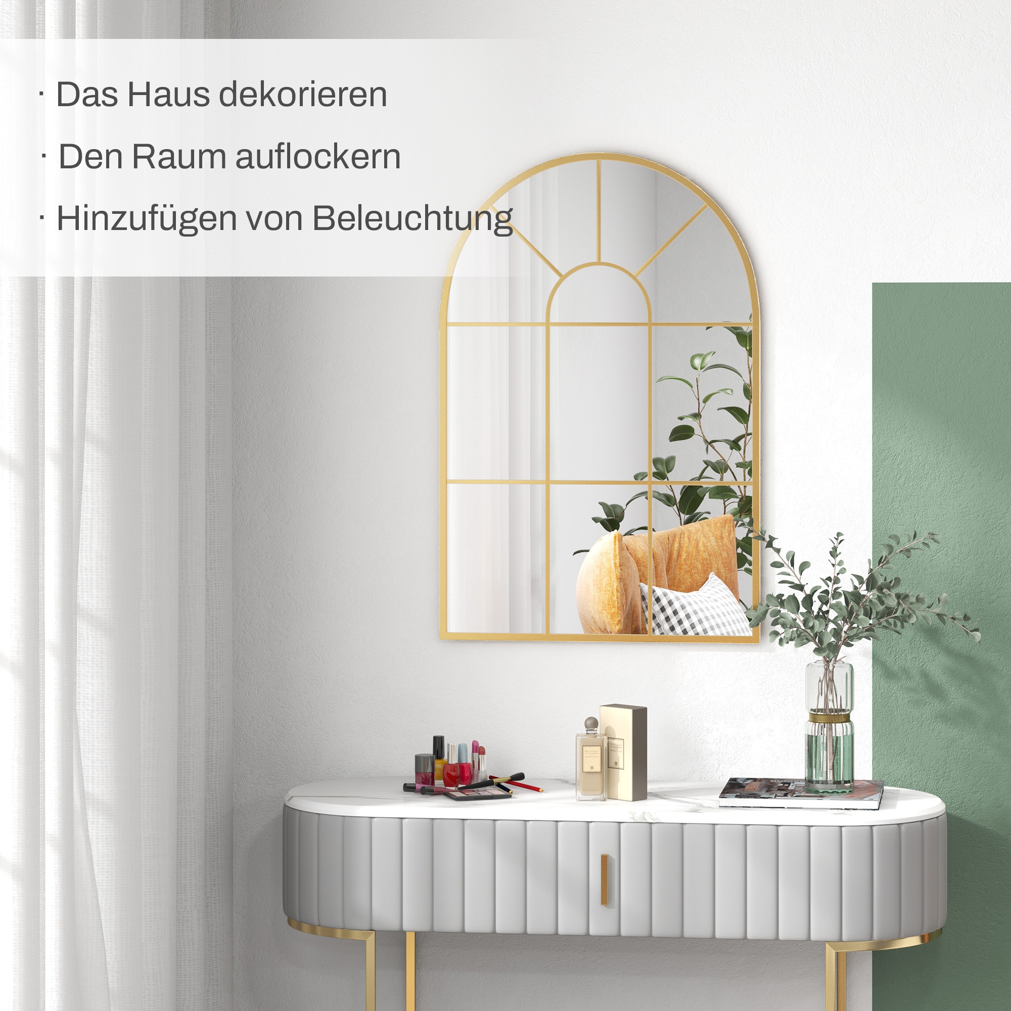 Wandspiegel, Fenster-Design, Flurspiegel, Metallrahmen, 91 x 60 cm, Gold