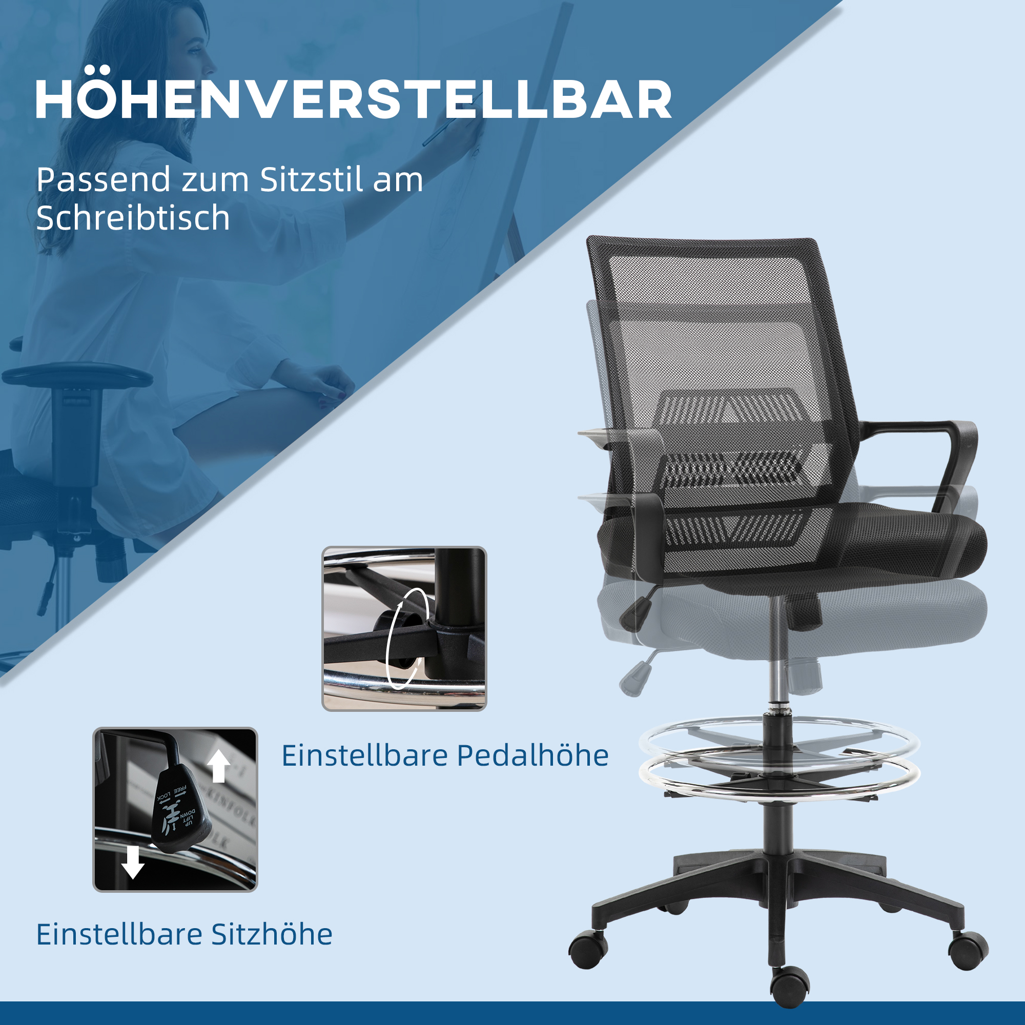 Bürostuhl, Höhenverstellbarer Schreibtischstuhl mit Fußablage, Netz-Rückenlehne, rollbar, Kunststoff, Schwarz