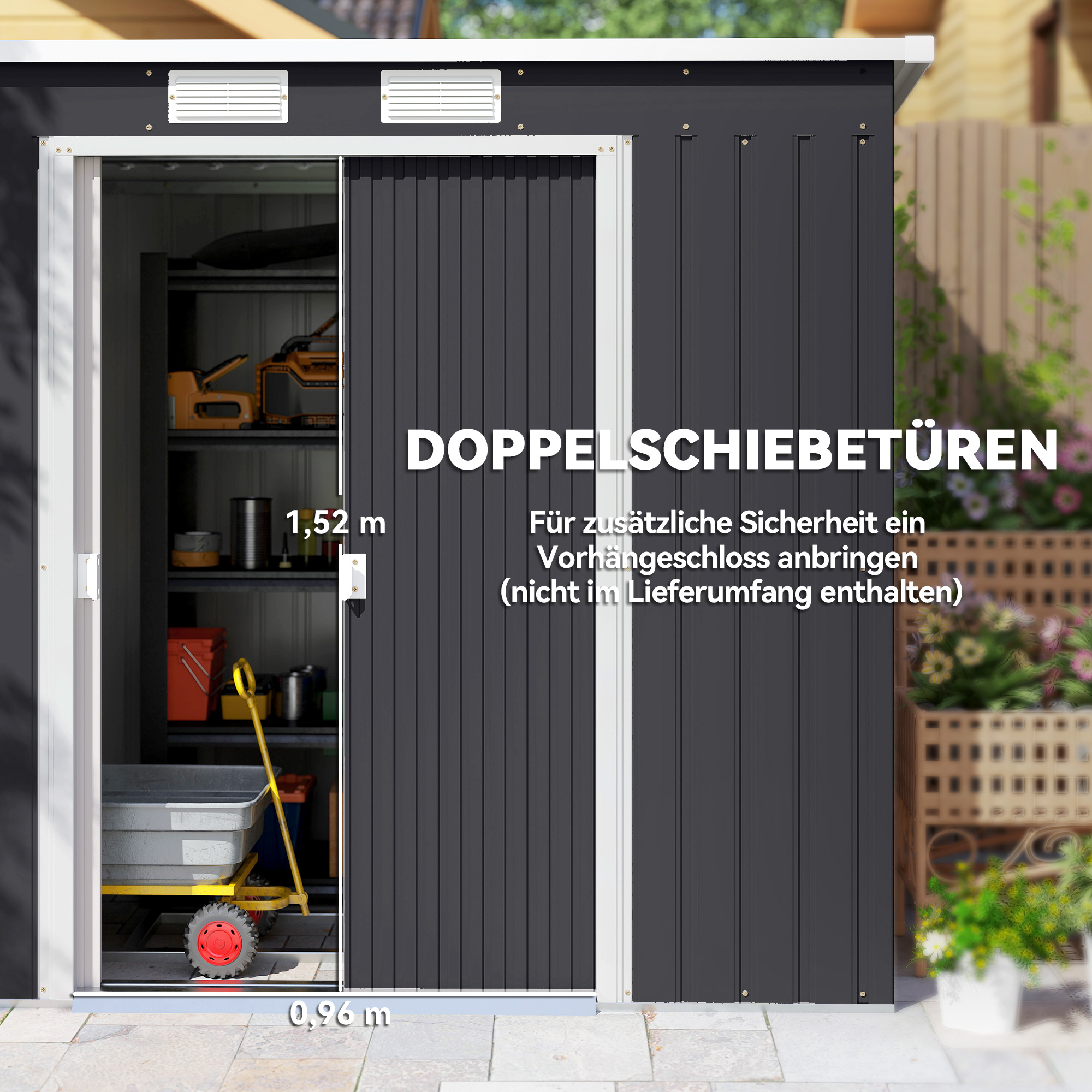 Geräteschuppen, mit Lüftungsfenstern, Schiebetüren, verzinkter Stahl, 213 x 130 x 172 cm, Dunkelgrau