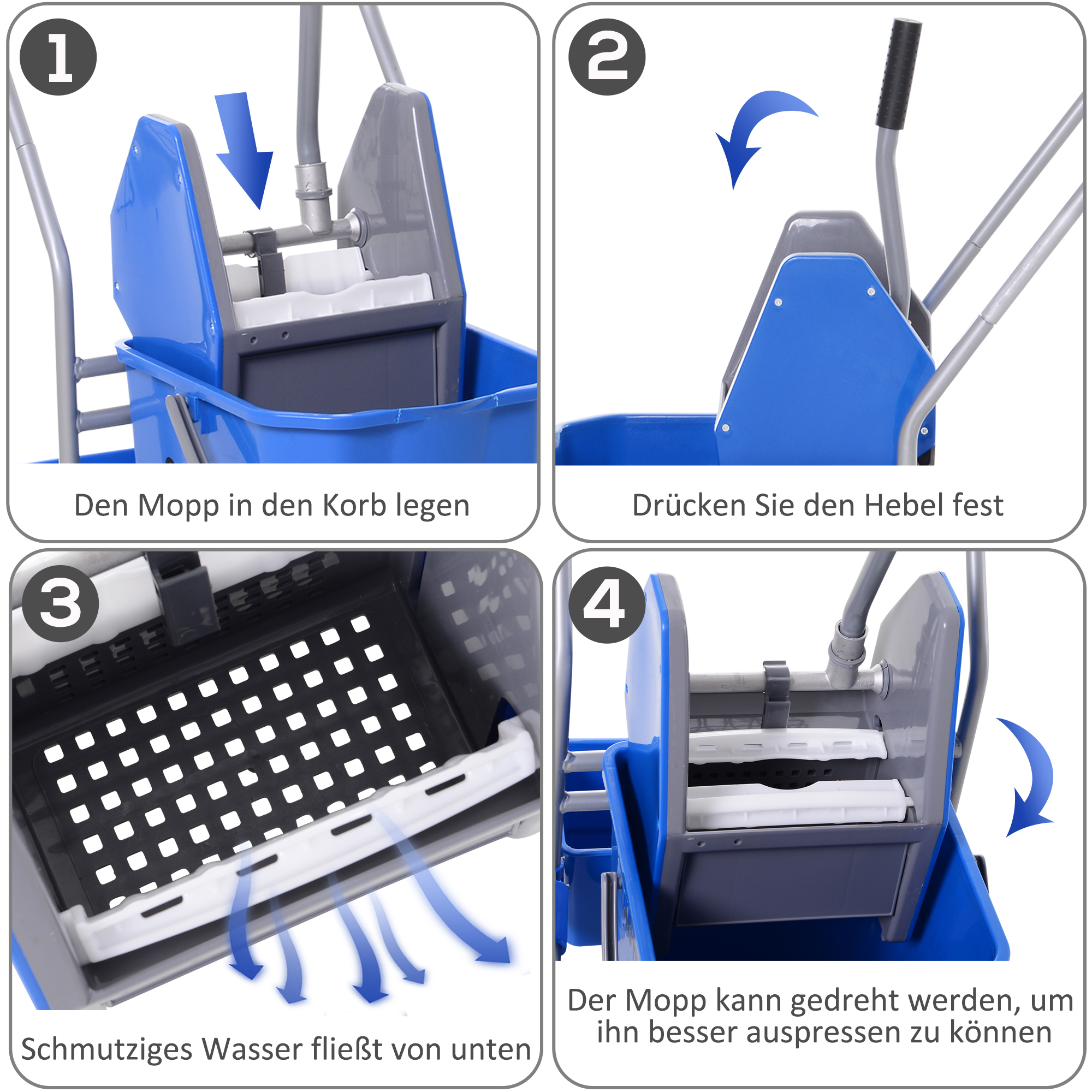 Reinigungswagen, Moppwagen, 25 L Fassungsvermögen, 4 Räder, Kunststoff, Blau