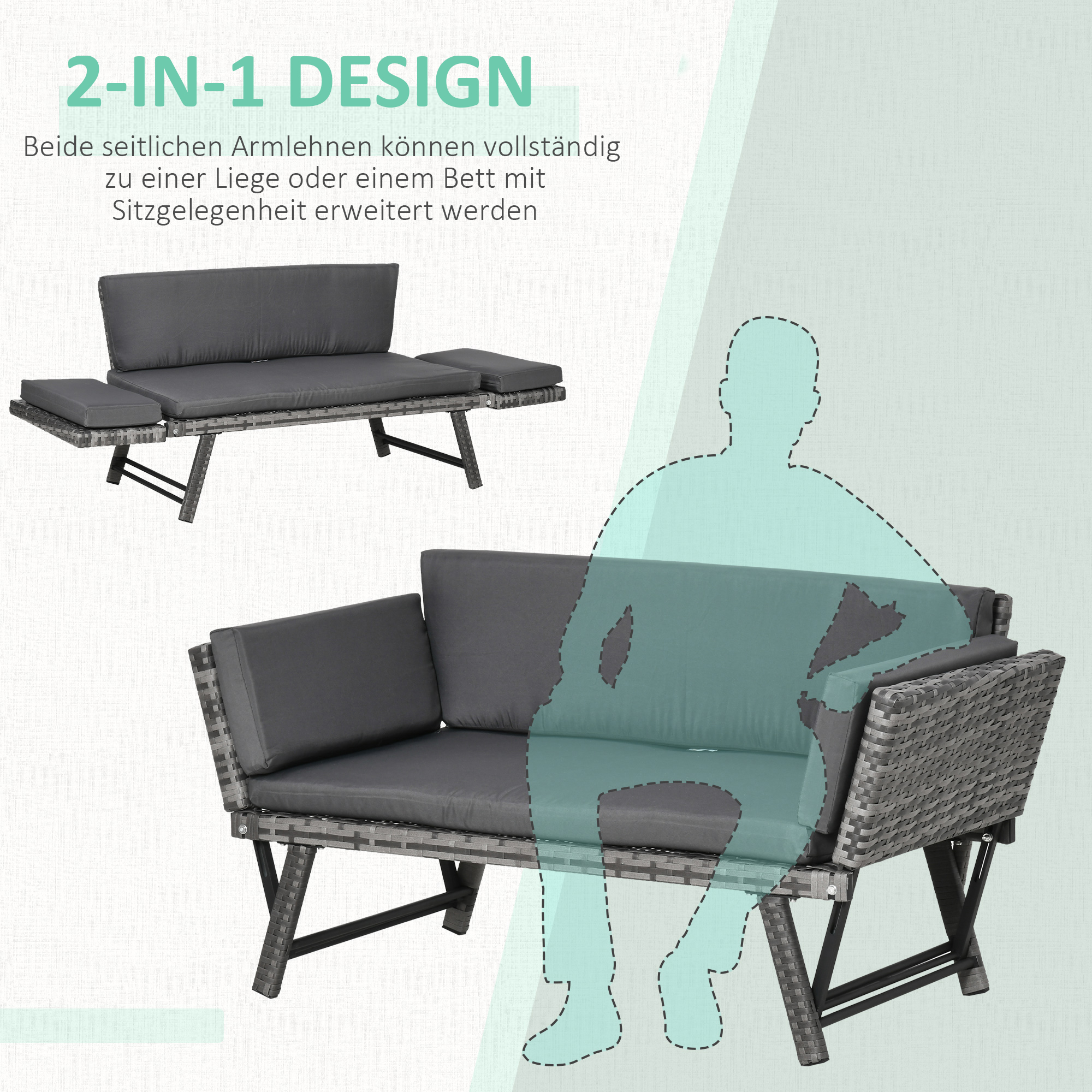 Polyrattan Gartensofa 2 Sitzer Gartenmöbel Loungesofa Gartenbank Gartenliege klappbar Armlehnen Stahl Grau 129 x 63 x 67 cm