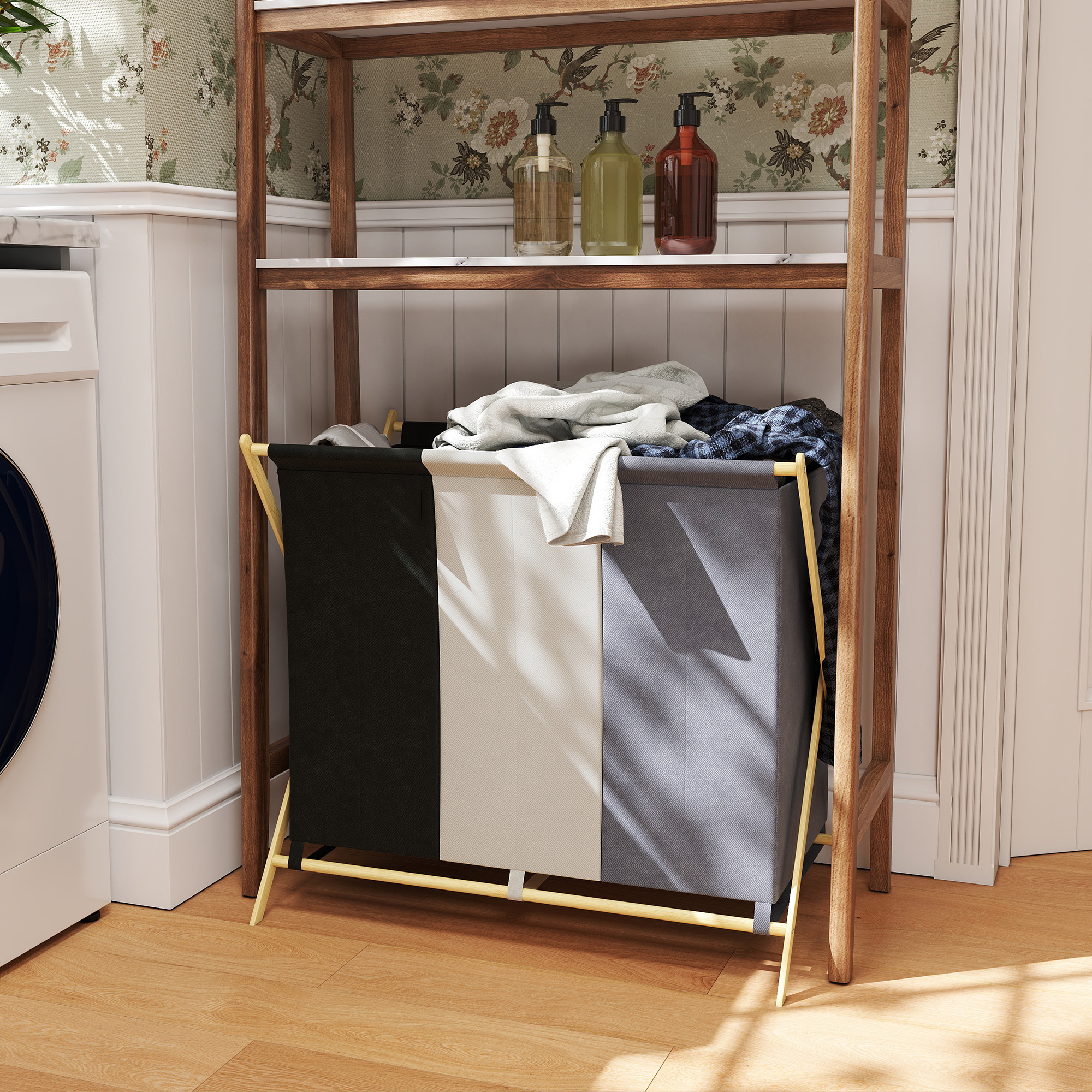 Wäschekorb mit 3 Fächern 129L Klappbar Wäschesammler für Waschküche Schlafzimmer Mehrfarbig