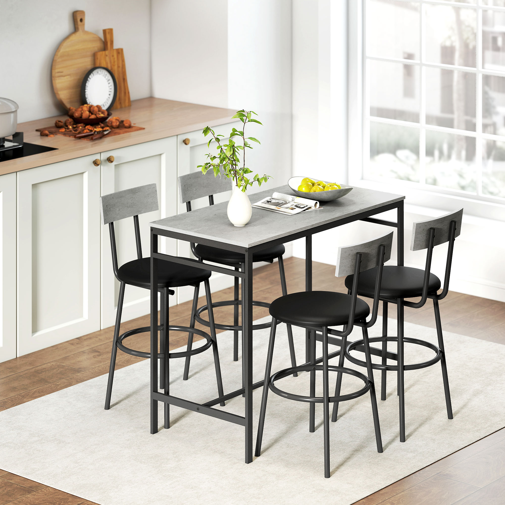 5-teiliges Bartisch-Set mit 4 Stühlen, Industrielles Design, für Küche, Esszimmer, Stahl, Hellgrau
