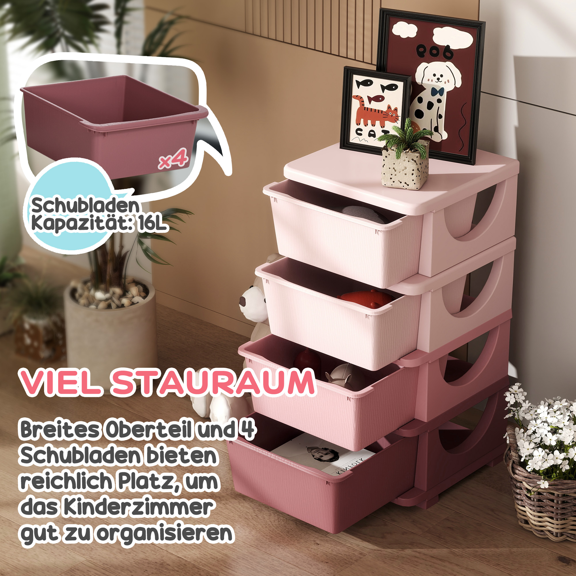 Aufbewahrungsboxen für Kinder, 4 Schubladen, abgerundete Kanten, erhöhtes Design, 37x37x76 cm, Rosa