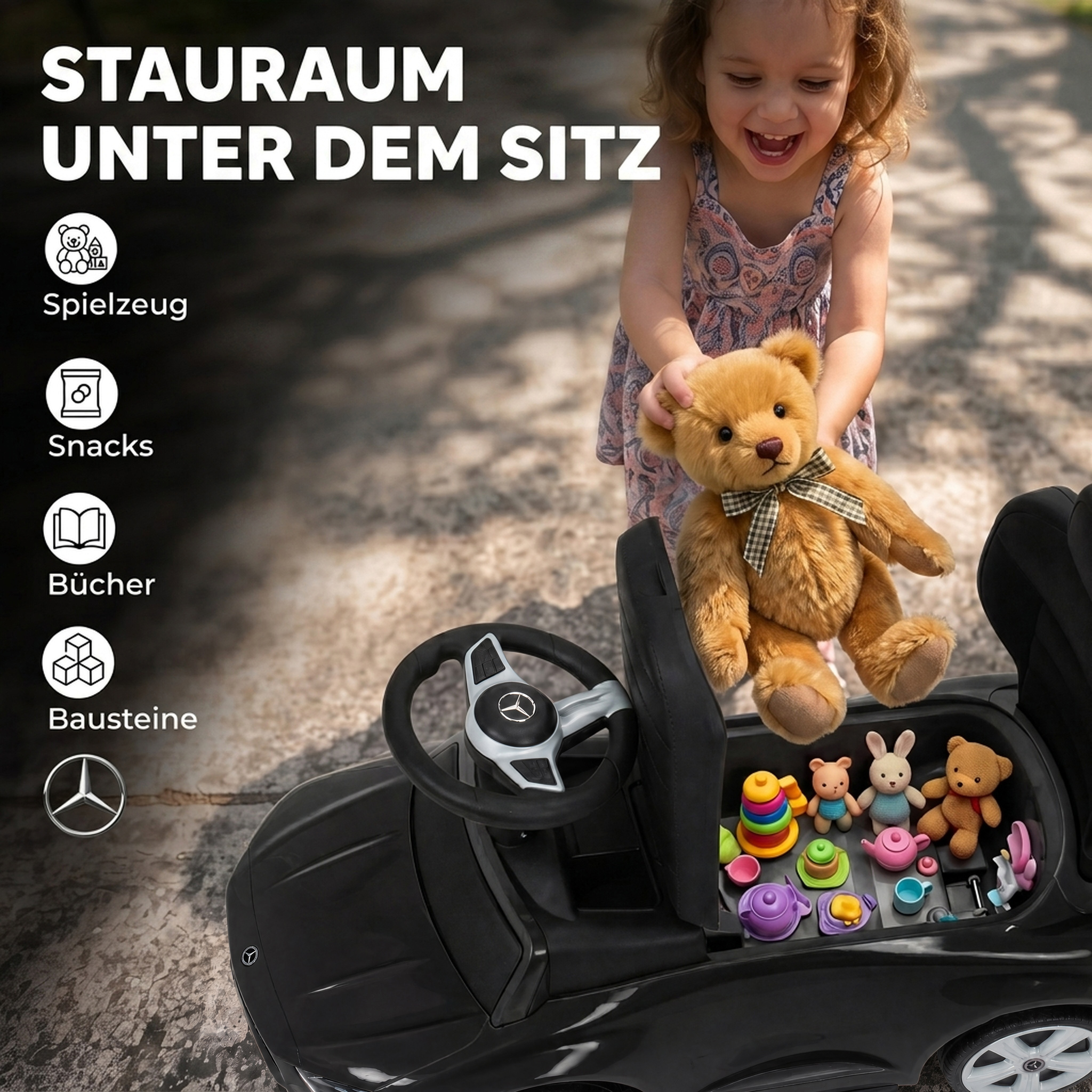 3-in-1 Rutschauto mit Schiebstange Mercedes-Benz Rutschfahrzeug mit Lenkrad Hupe Musik Dach Sitzstauraum Schwarz