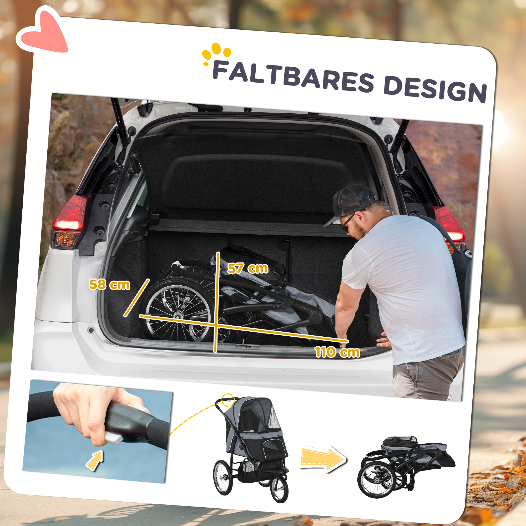 Hundewagen Hundetrolley mit Jogger-Funktion bis 20 kg Klappbar Netzfenster, Ablagekorb, Grau, 111 x 58 x 107 cm