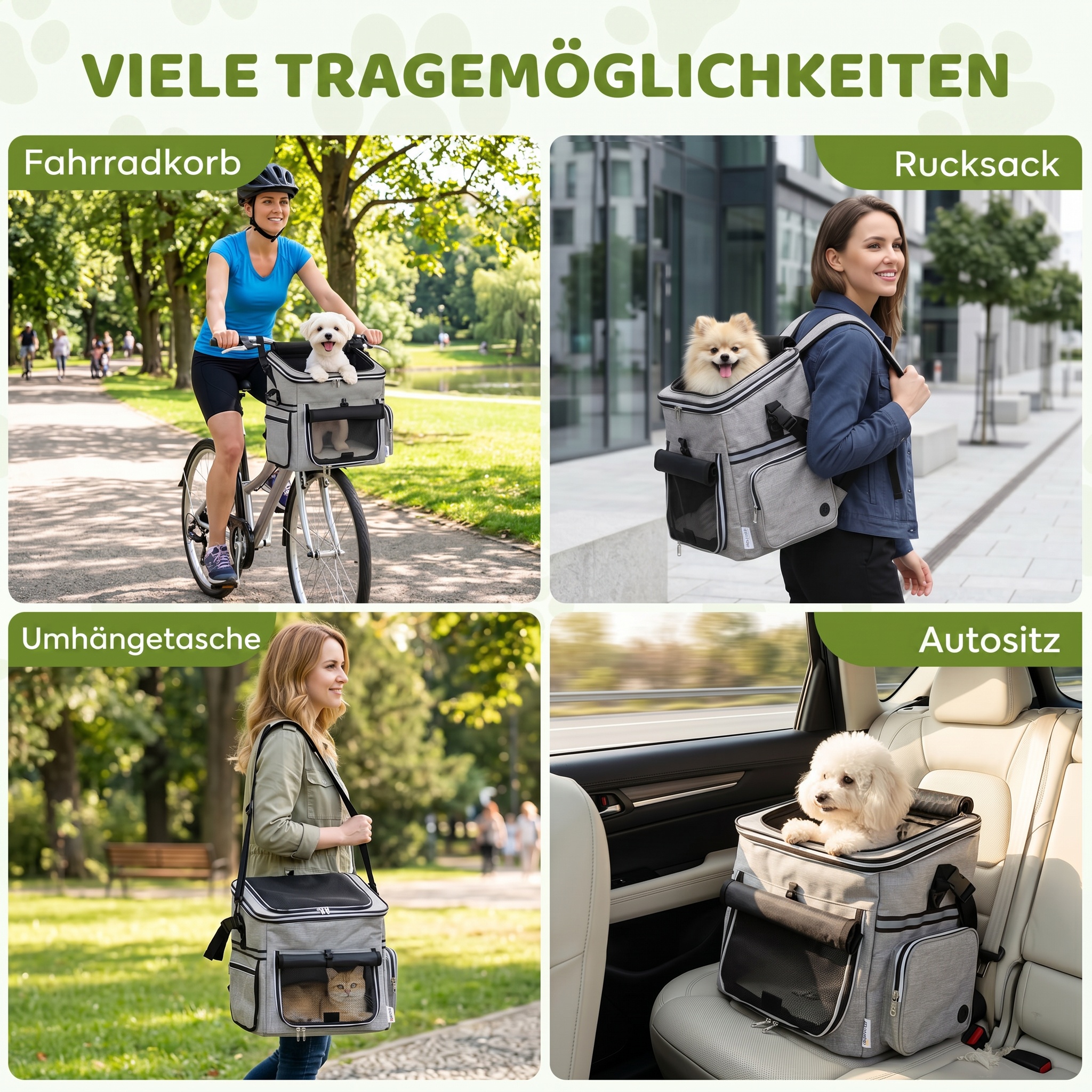 Hundekorb Fahrrad Vorne Tragbar Hundefahrradkorb mit Sicherheitsleine Kissen Schüssel für Kleine Hunde bis 5kg Hellgrau