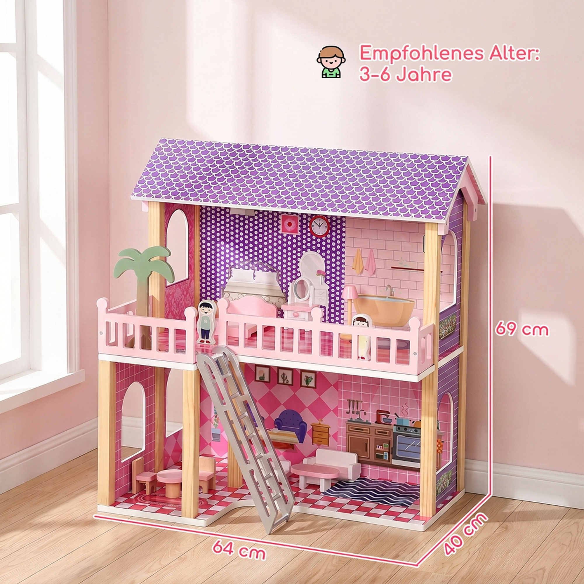 Puppenhaus 69 cm Hoch 2-stöckig mit 2 Puppen 11 Möbeln Leiter Balkon Groß für Mädchen von 3-6 Jahren Rosa