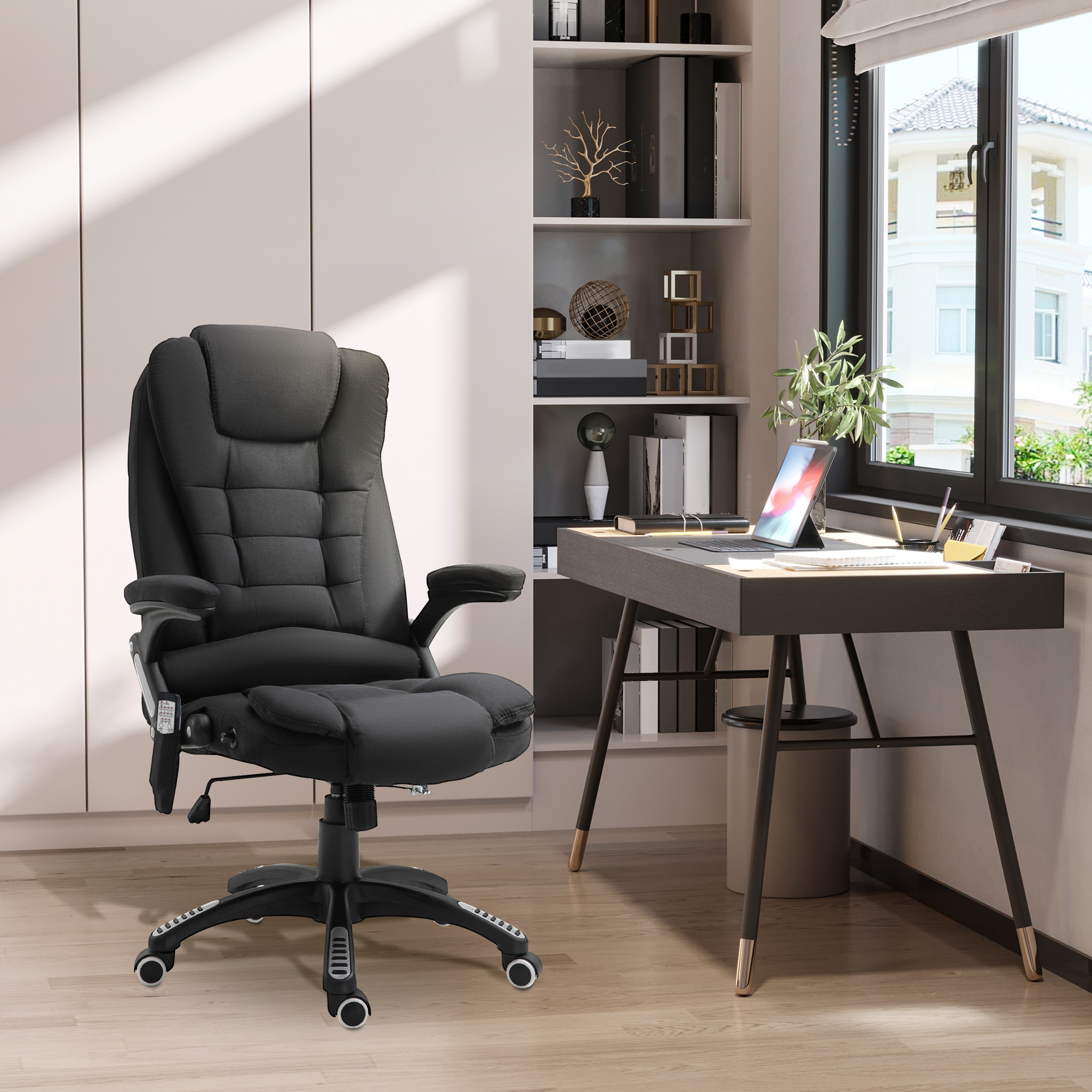 Bürostuhl mit Vibrationsmassage, Ergonomisch Schreibtischstuhl mit Heiz-, Liegefunktion, Höhenverstellbar Chefsessel mit Fernbedienung, Seitentasche, Leinenoptik, Schwarz