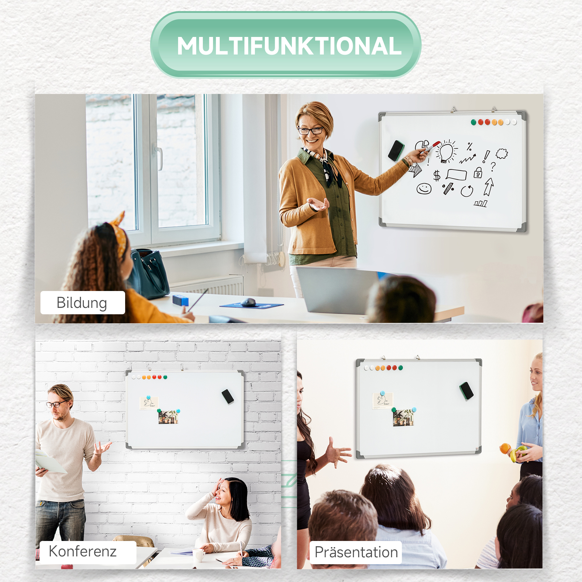 Whiteboard, Magnettafel, Notiztafel, inklusive Zubehör, 4 Stifte, 1 Schwamm, 10 Magnete, Weiß + Silber