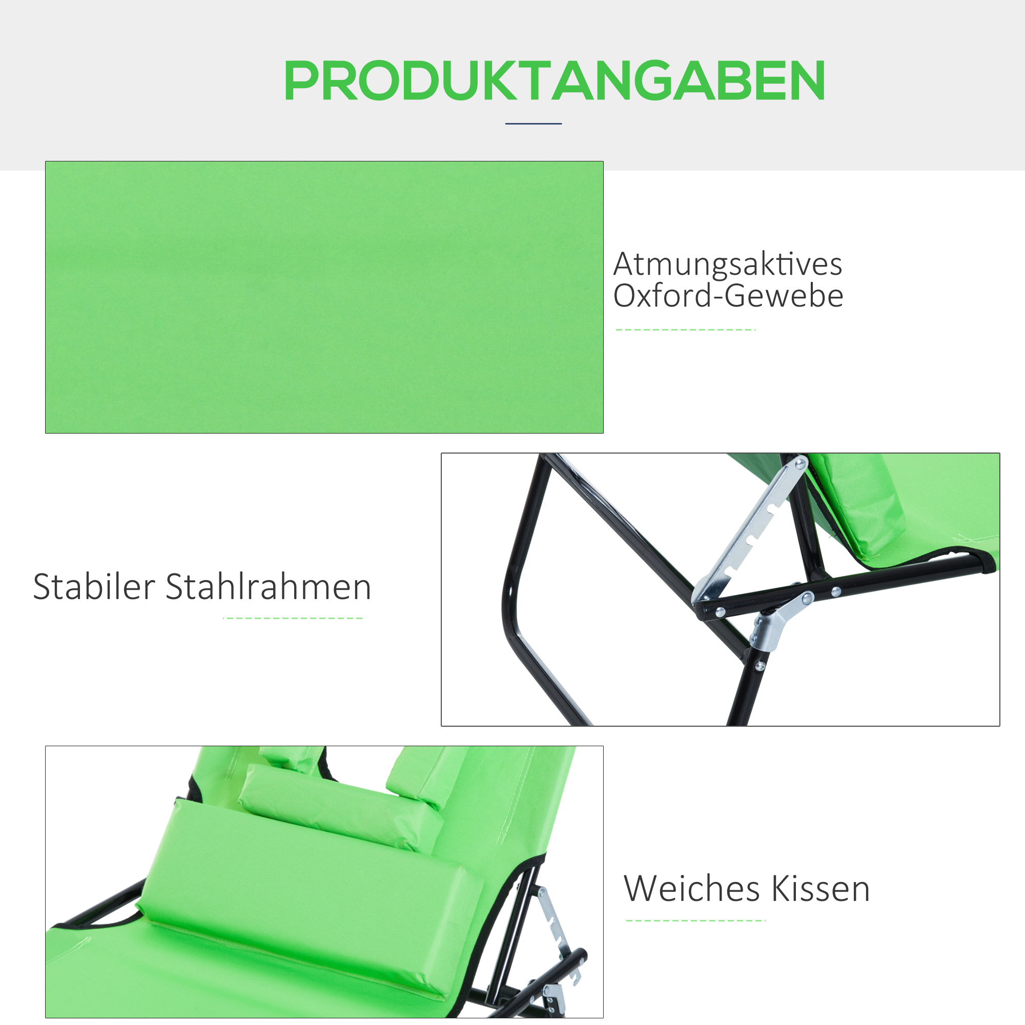 Sonnenliege mit Lesefenster & Kissen, klappbar, wasserabweisender Bezug, Metallrahmen, Grün