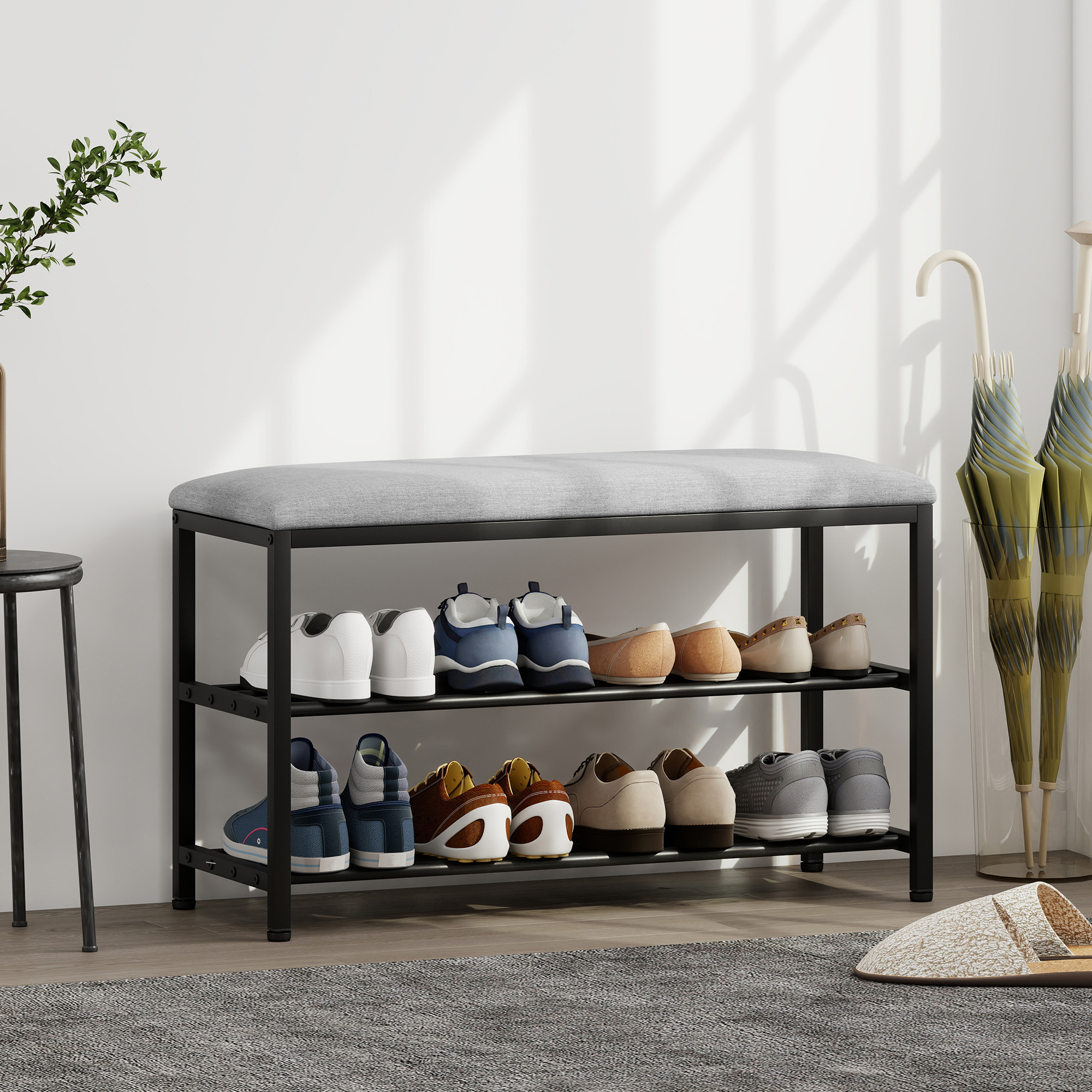 Schuhbank mit Sitzfläche, Sitzbank mit Stauraum, Schuhregal mit 2 offene Fächer, Sitzbank 81 x 31 x 50 cm Schwarz