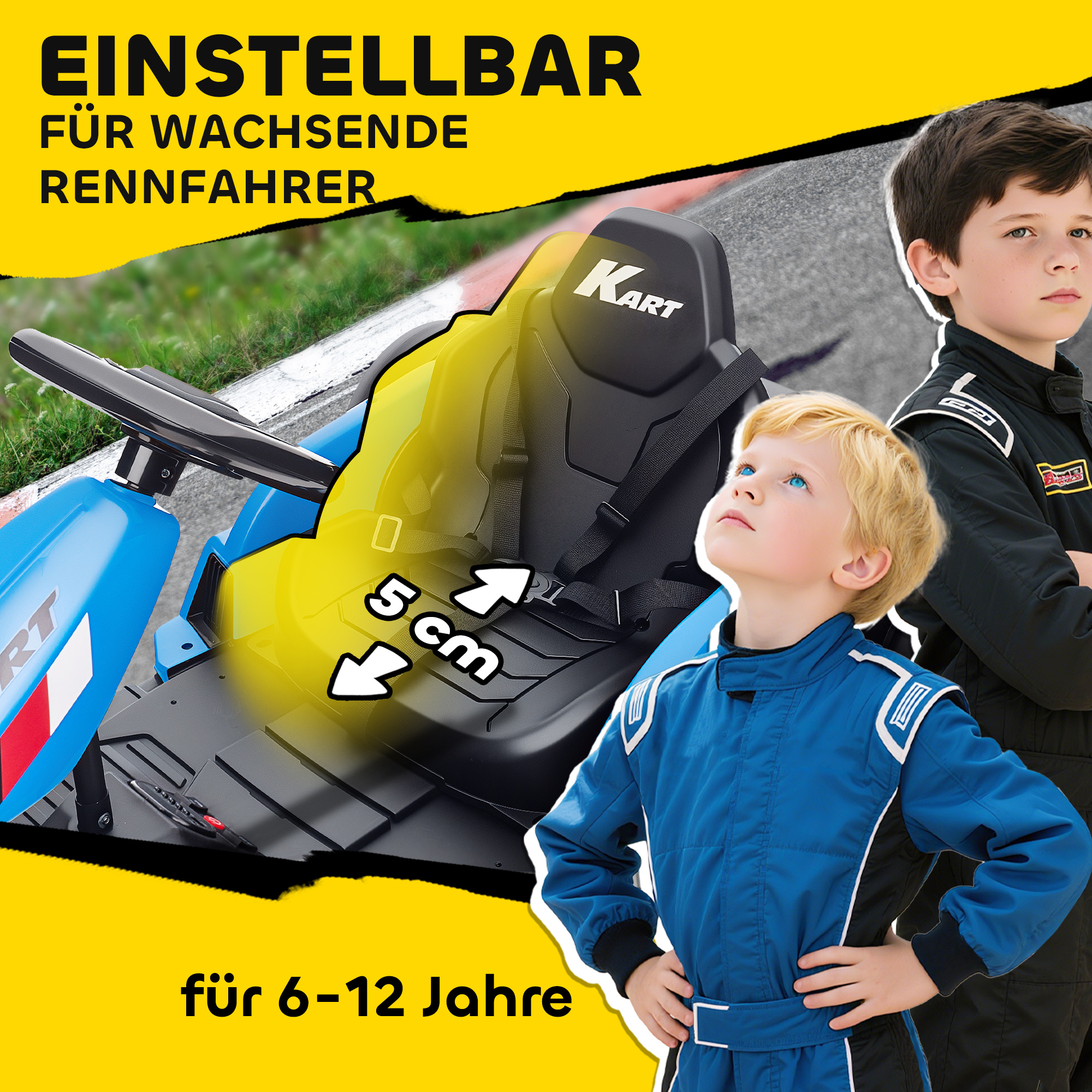 24V elektrisches Go-Kart, Drift-Modus, verstellbarer Sitz, 5-Punkt-Sicherheitsgurt, Musikfunktion, Hupe, 6-12 Jahre Blau