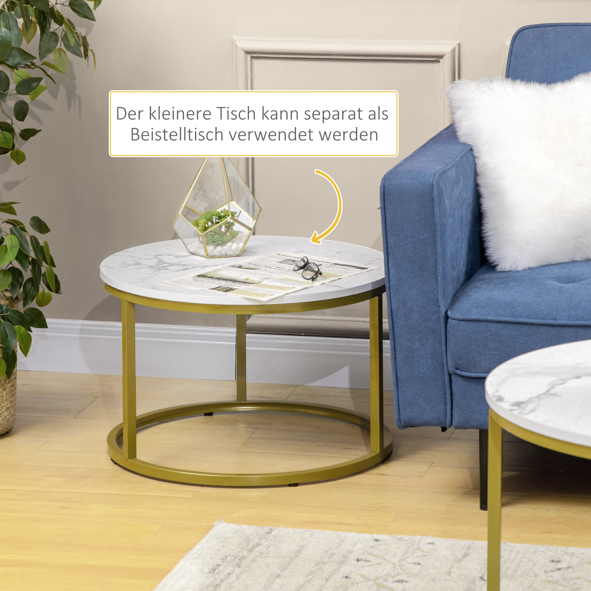 Beistelltisch-Set, 2 Satztische, Ø74 & Ø59 cm, Marmoroptik, Rahmen in Gold