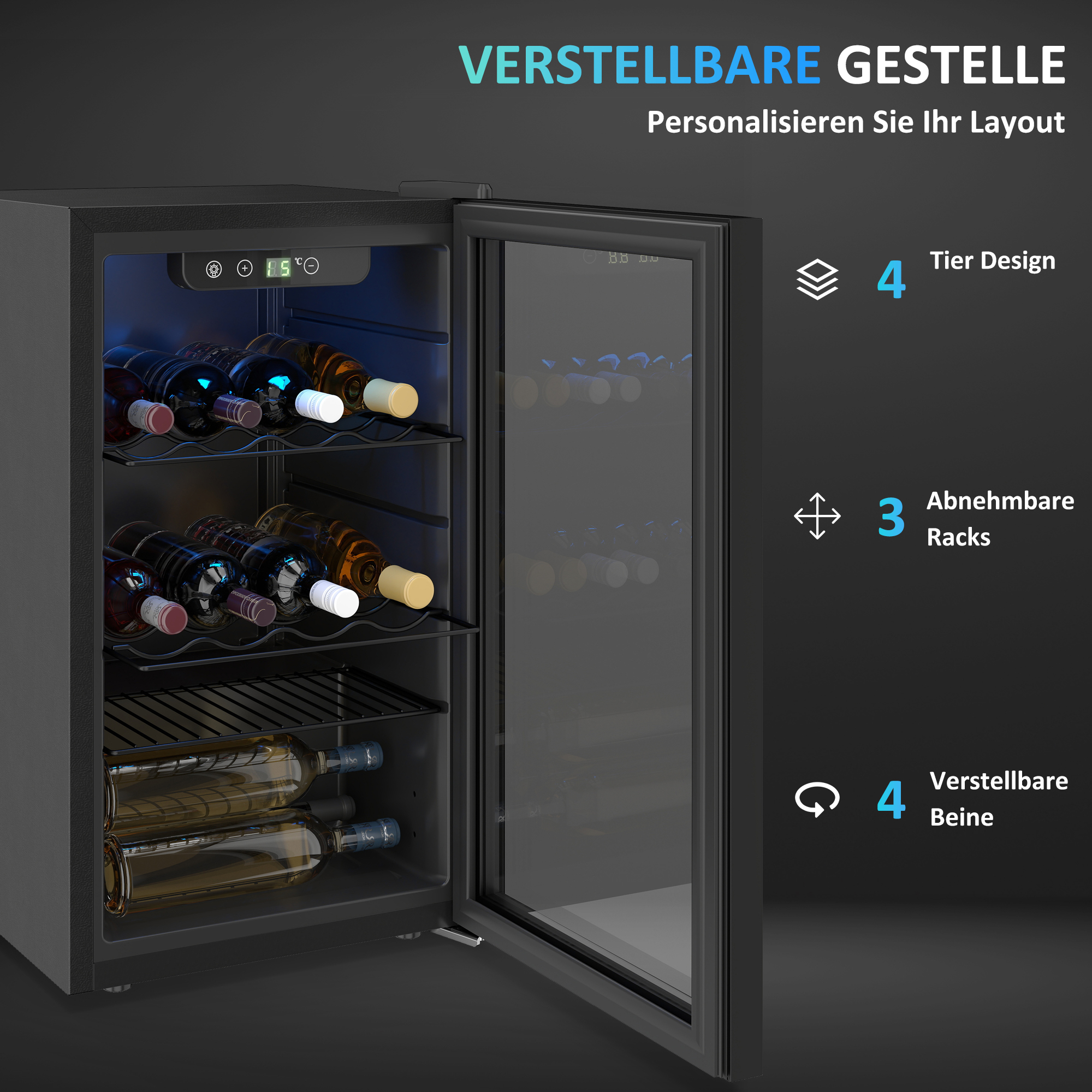 Weinkühlschrank 24 Flaschen, 68 Liter Kapazität, 4–16 °C Standgerät für Getränke, Bier und Wein mit Glas-Tür, Schwarz