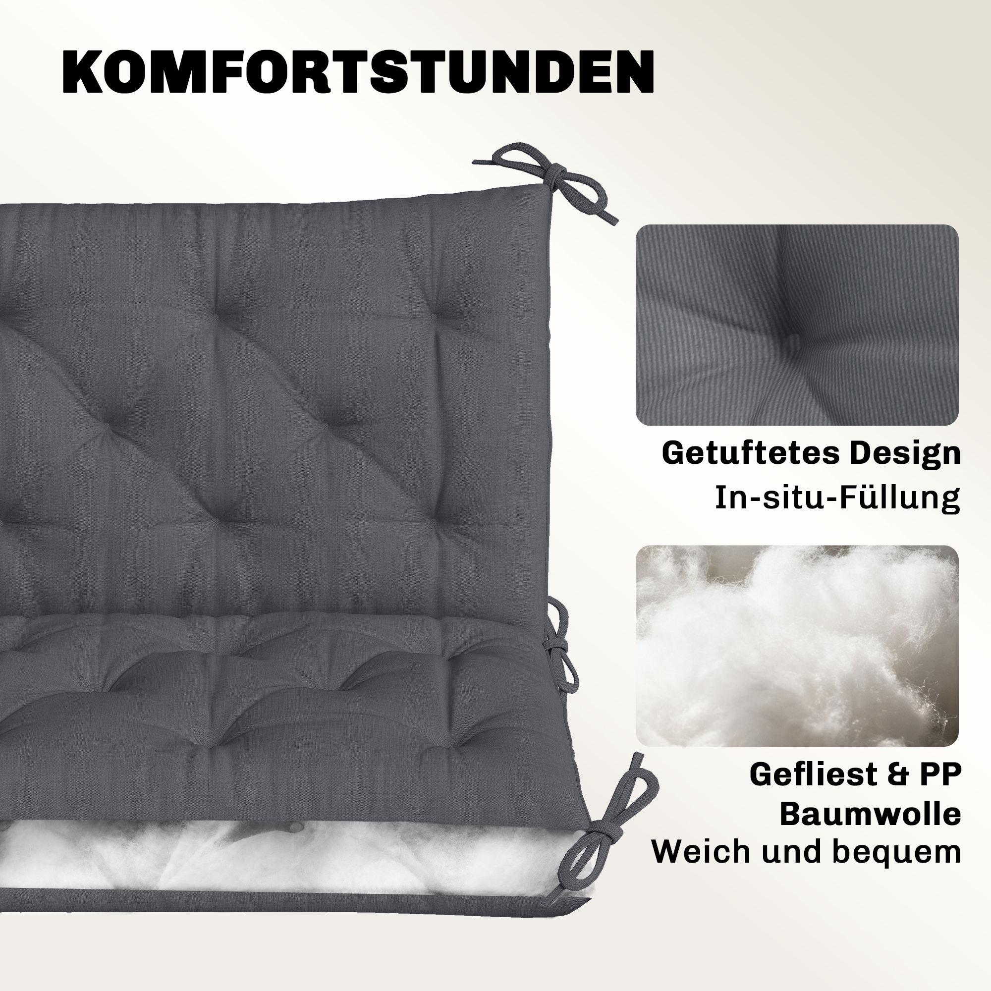 2 Sitzer Bankauflage 100 x 98 x 8 cm Sitzkissen mit Bändern Rückenkissen für Indoor/Outdoor Polster Auflage für Sitzbank Gartenbank Gartenmöbel Hollywoodschaukeln Dunkelgrau