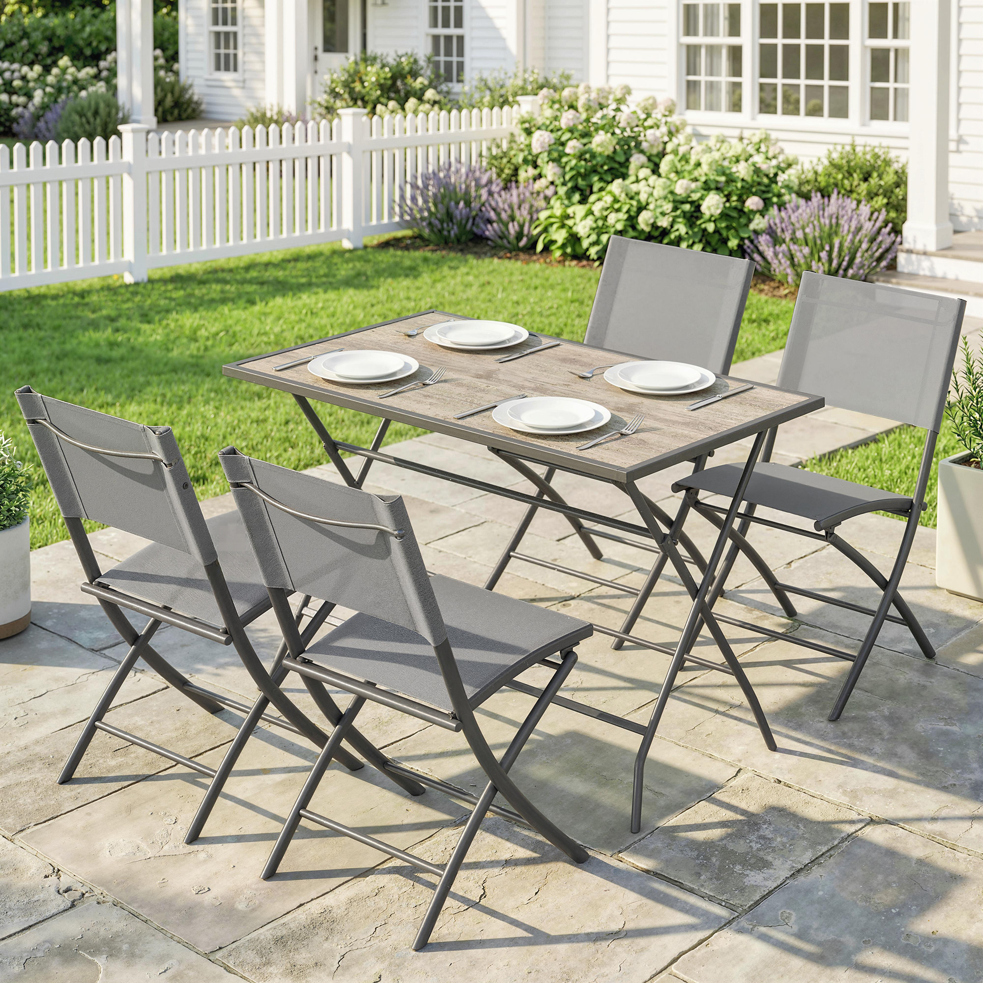 Gartenmöbel Set Klappbar Sitzgruppe 5-teilig Tisch mit 4 Atmungsaktiven Stühlen Holzoptik Platzsparend