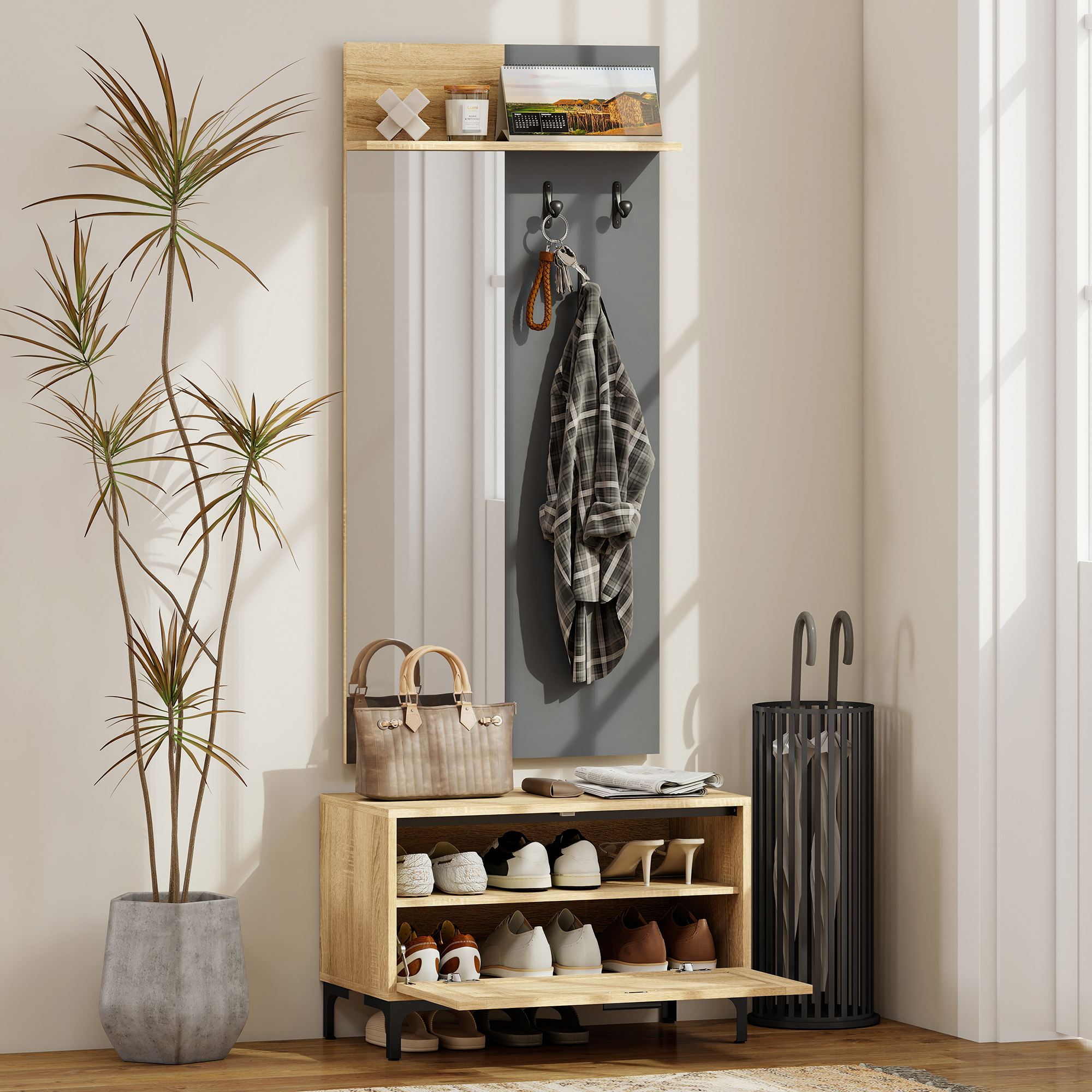 Garderobenset für Eingangsbereich, Schuhbank, Spiegel, 3 Haken, Offenes Regal, Flurmöbel, Naturholz+Grau