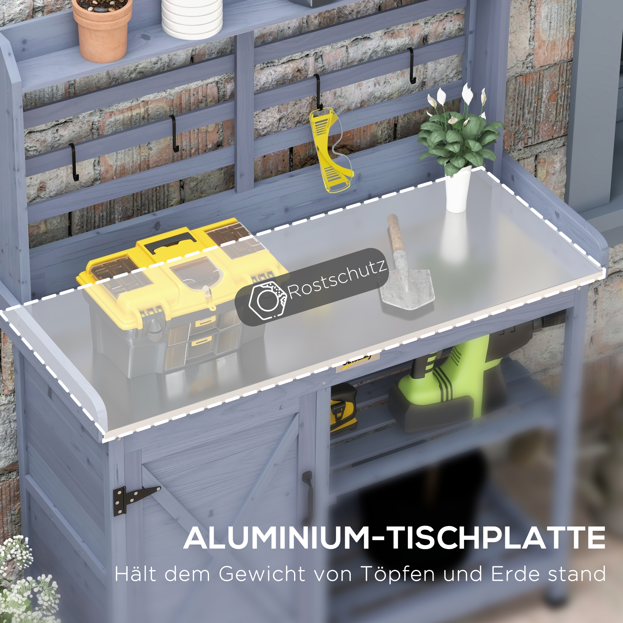 Gartentisch mit Schrankfach, Aluminium-Arbeitsfläche, Stauraum, 112x47x146cm, Grau