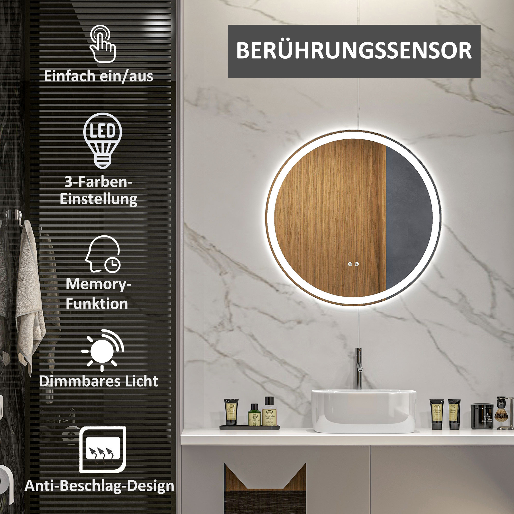 Badezimmerspiegel Badspiegel runder Spiegel, LED- Licht, Touch-Funktion, kein Beschlagen, 60 x 60 cm