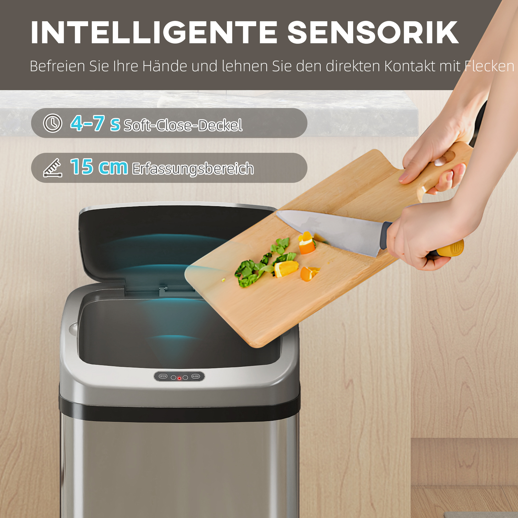 48 L Sensor-Mülleimer für Küche oder Büro, automatische Schließ-Funktion, Edelstahl, Silberton