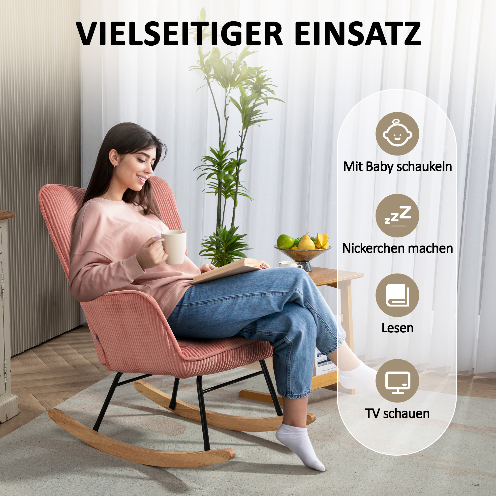 Schaukelstuhl, Relaxsessel, Schaukelsessel, belastbar bis 120 kg, Polyester, 98 x 71 x 101 cm, Rosa