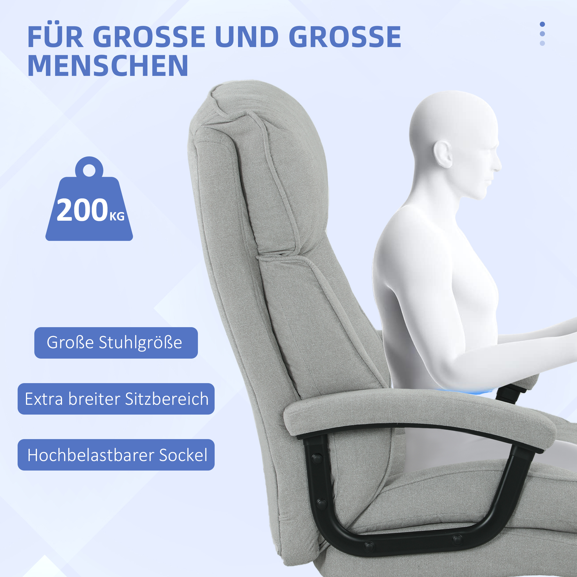großer hoher Bürostuhl, 200 kg Tragekapazität, robuste Konstruktion, weicher Bezug, Hellgrau