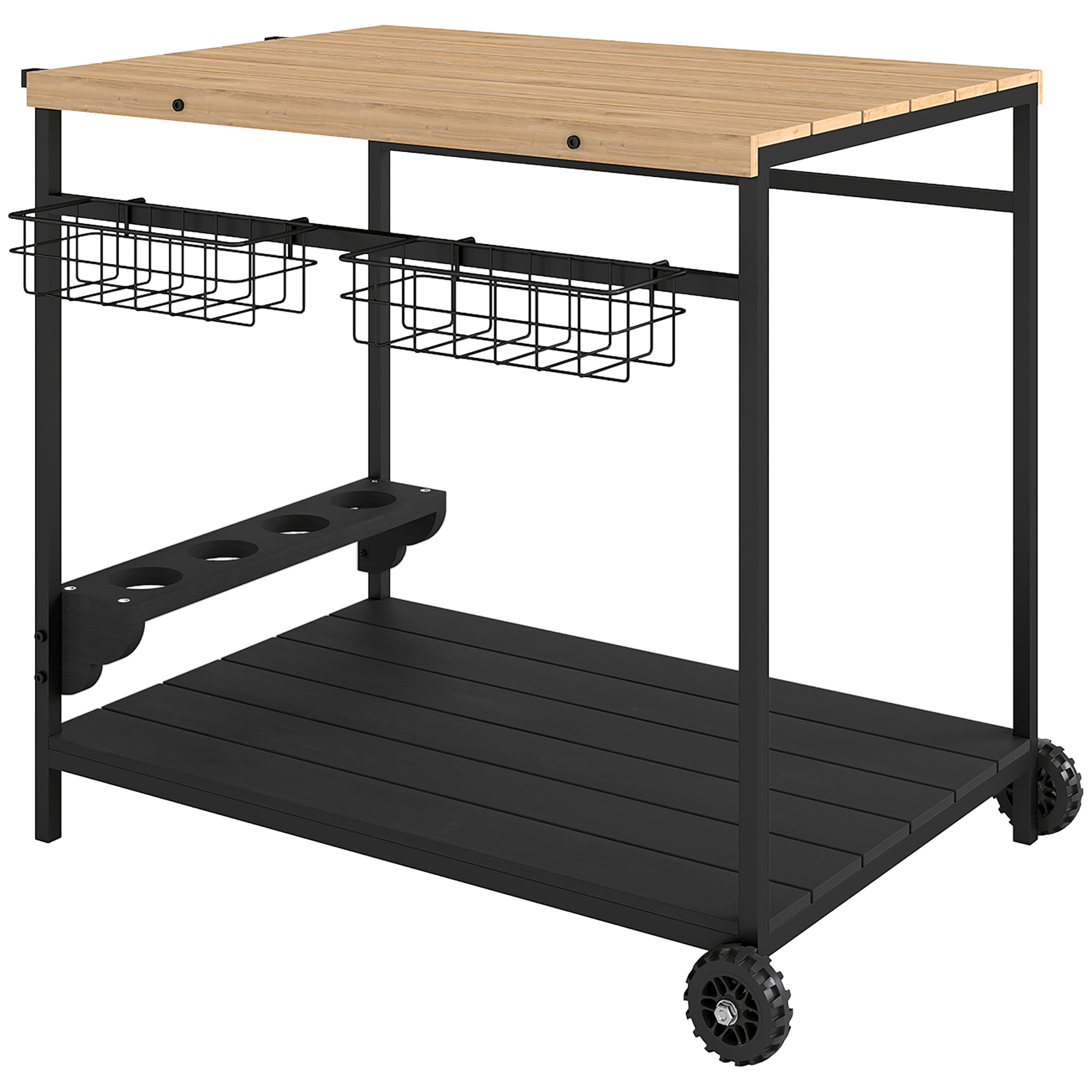 Servierwagen, Küchenwagen, 2 Etagen, 4 Flaschenhalter, In/Outdoor, Natur/Schwarz