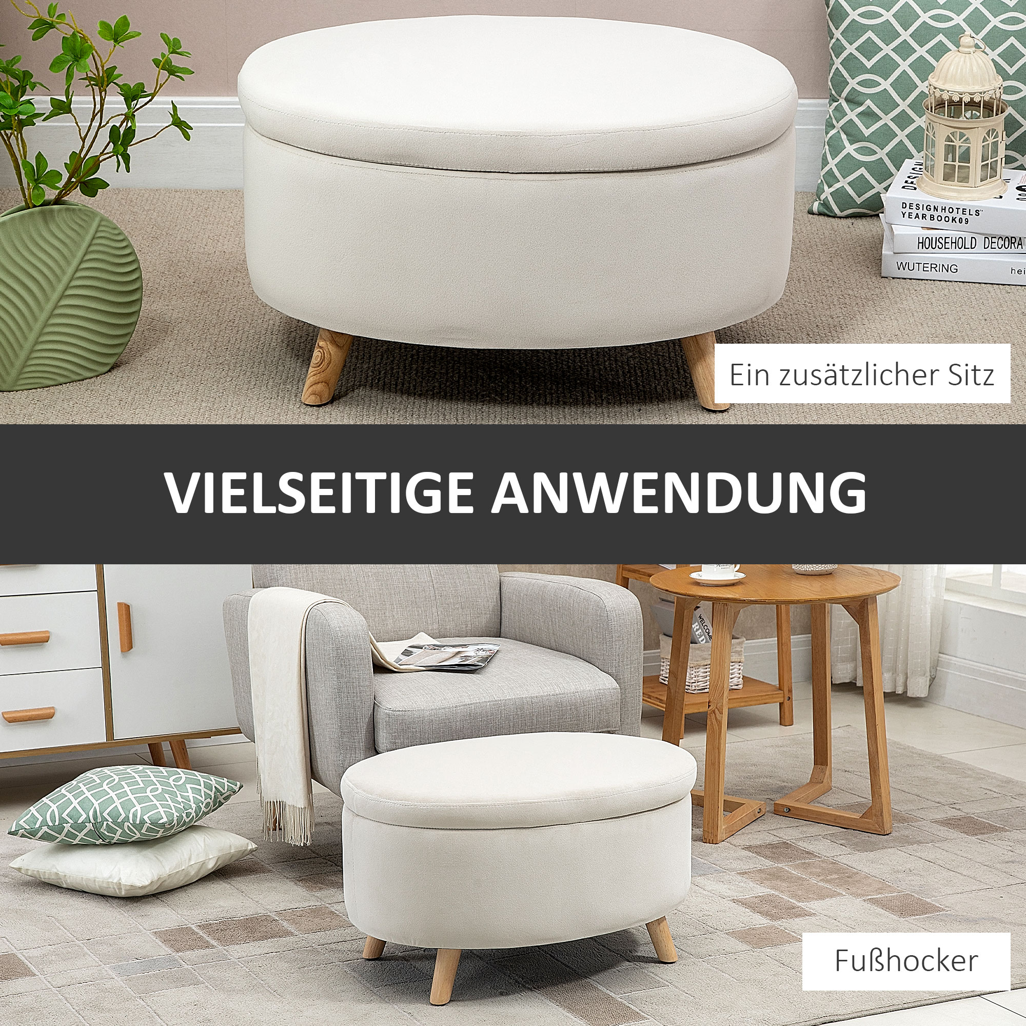 Sitzbank mit Stauraum, Hocker, ovale Form, Samtoptik, bis 120 kg, 71 x 51,5 x 42 cm, Beige