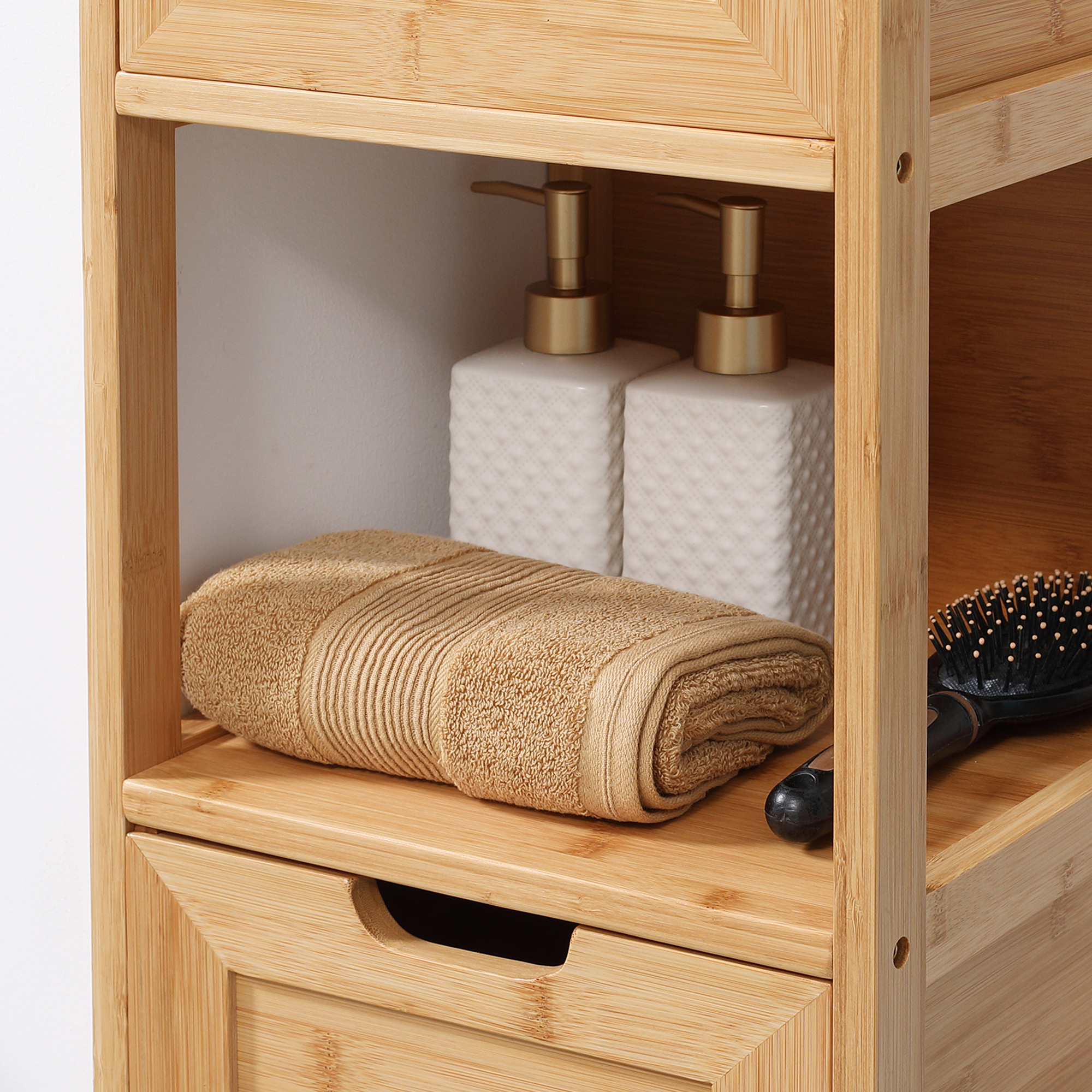 Badezimmerschrank aus Bambus, 1 Regal, 2 Schubladen, 30 cm x 30 cm x 90 cm; Natur