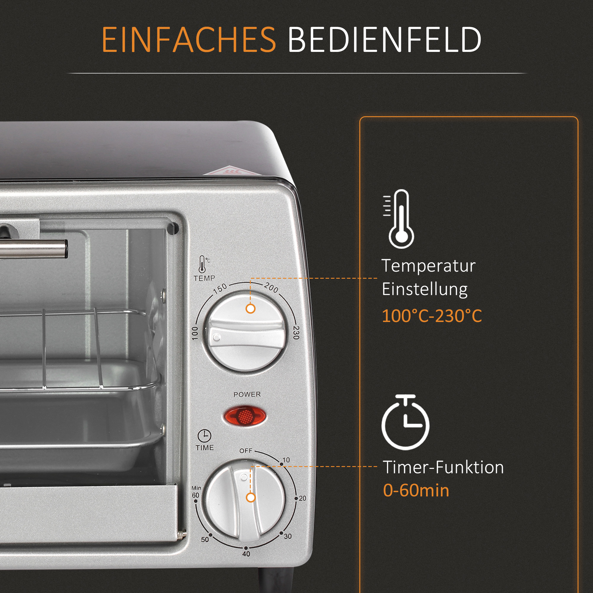 Mini Backofen 10 L 750W 100-230℃ 60 Min. Timer mit Backblech, Grillrost und Herausnehmbarer Bodenschale, Pizza-Ofen Silber
