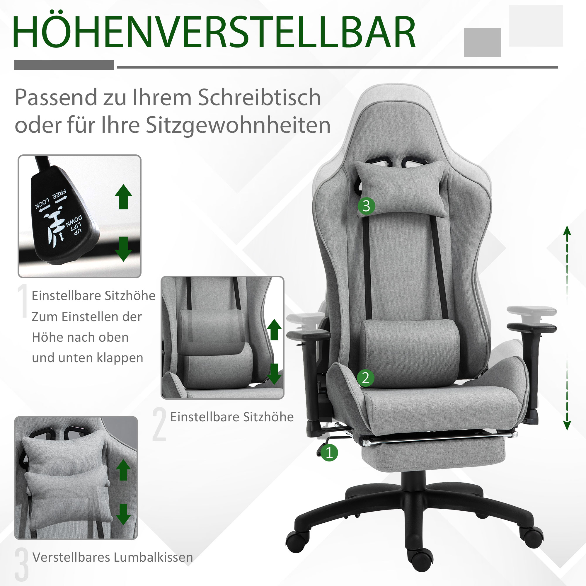 Bürostuhl Computerstuhl Drehstuhl mit abnehmbarem Kopf- und Lendenkissen Wippenfunktion ergonomischer Schreibtischstuhl drehbar höhenverstellbar mit Fußstütze PP Grau 73x57x127-135 cm