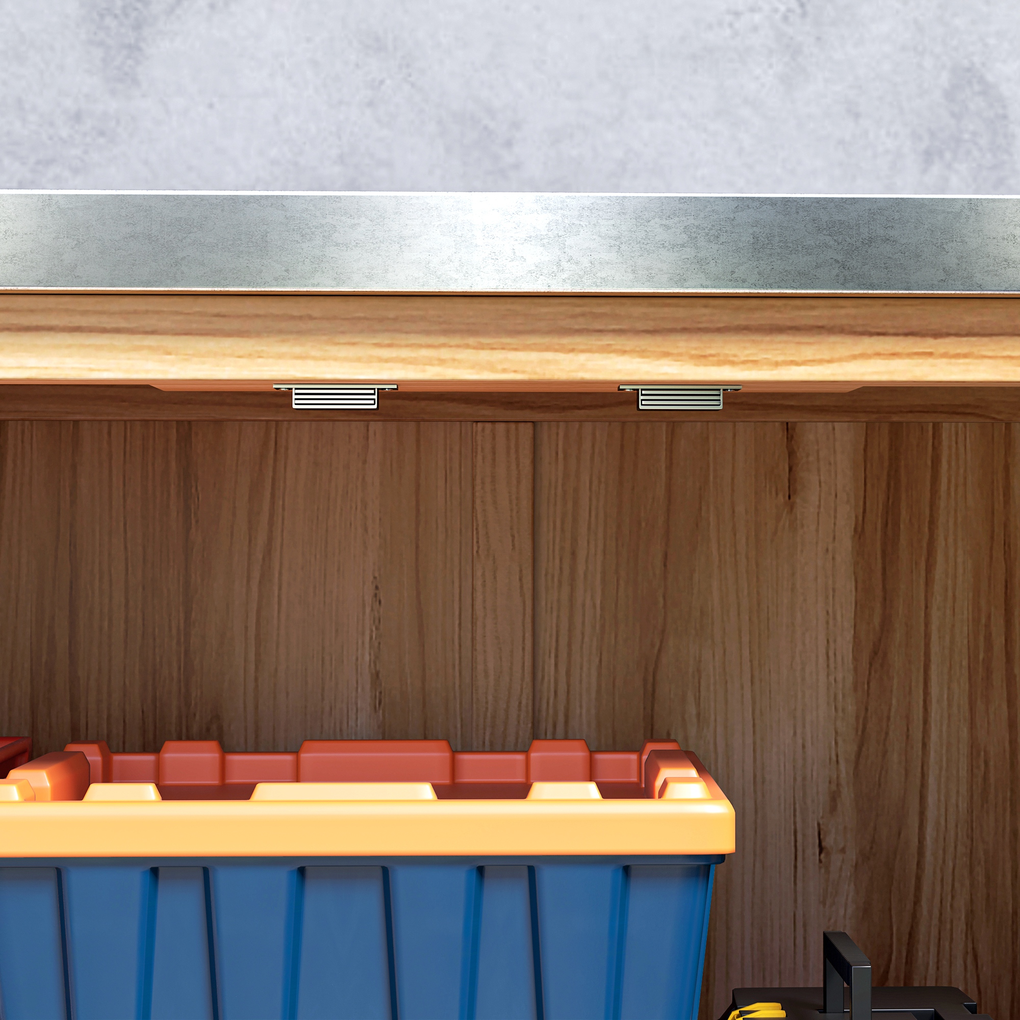 Gartenschrank mit internem Regal und Arbeitsbank, aus Fichtenholz und verzinktem Stahl, 79x43x92 cm, Holzfarbe