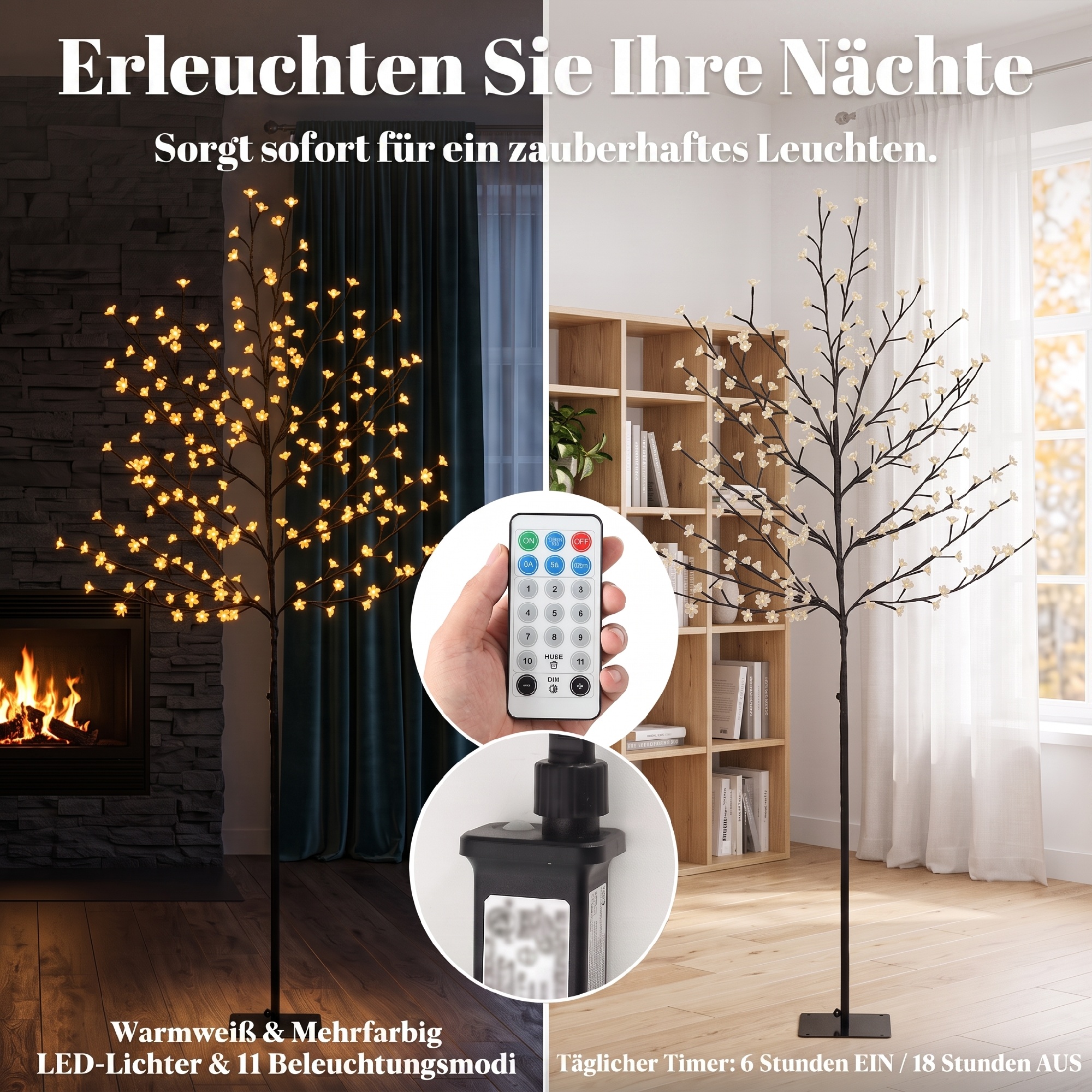 LED-Kirschblütenbaum 180 cm mit 200 LEDs, künstlicher Leuchtbaum mit 20 biegsamen Zweigen, Weihnachtsdeko