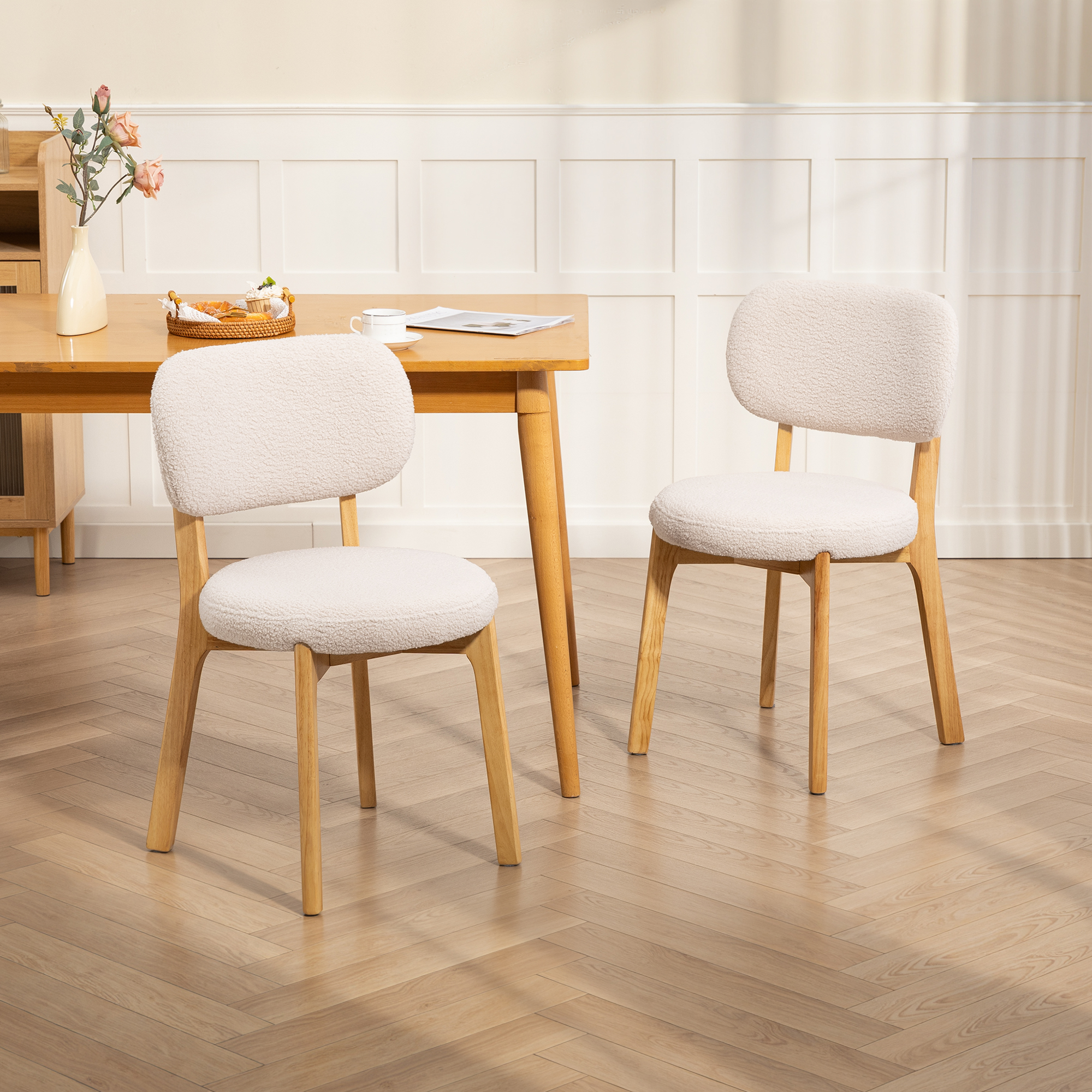 Esszimmerstühle 2er-Set, Küchenstuhl mit breitem Sitz, geschwungener Rückenlehne, für Wohnzimmer, Esszimmer, Creme