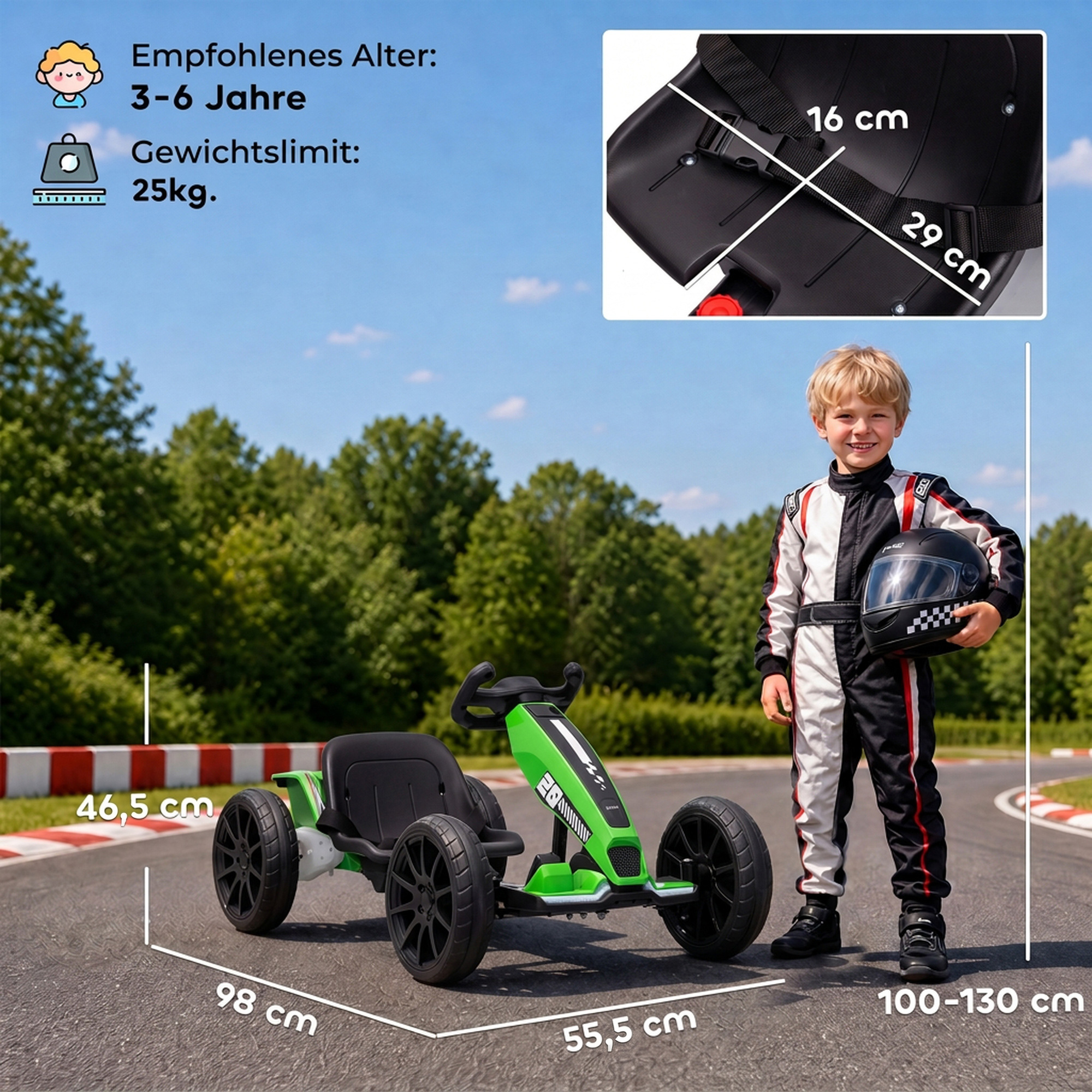 Elektro Go-Kart für Kinder 12V Gokart mit 2 Motoren, 4-fach verstellbarem Sitz Sanftanlauf EVA-Räder LED-Scheinwerfer