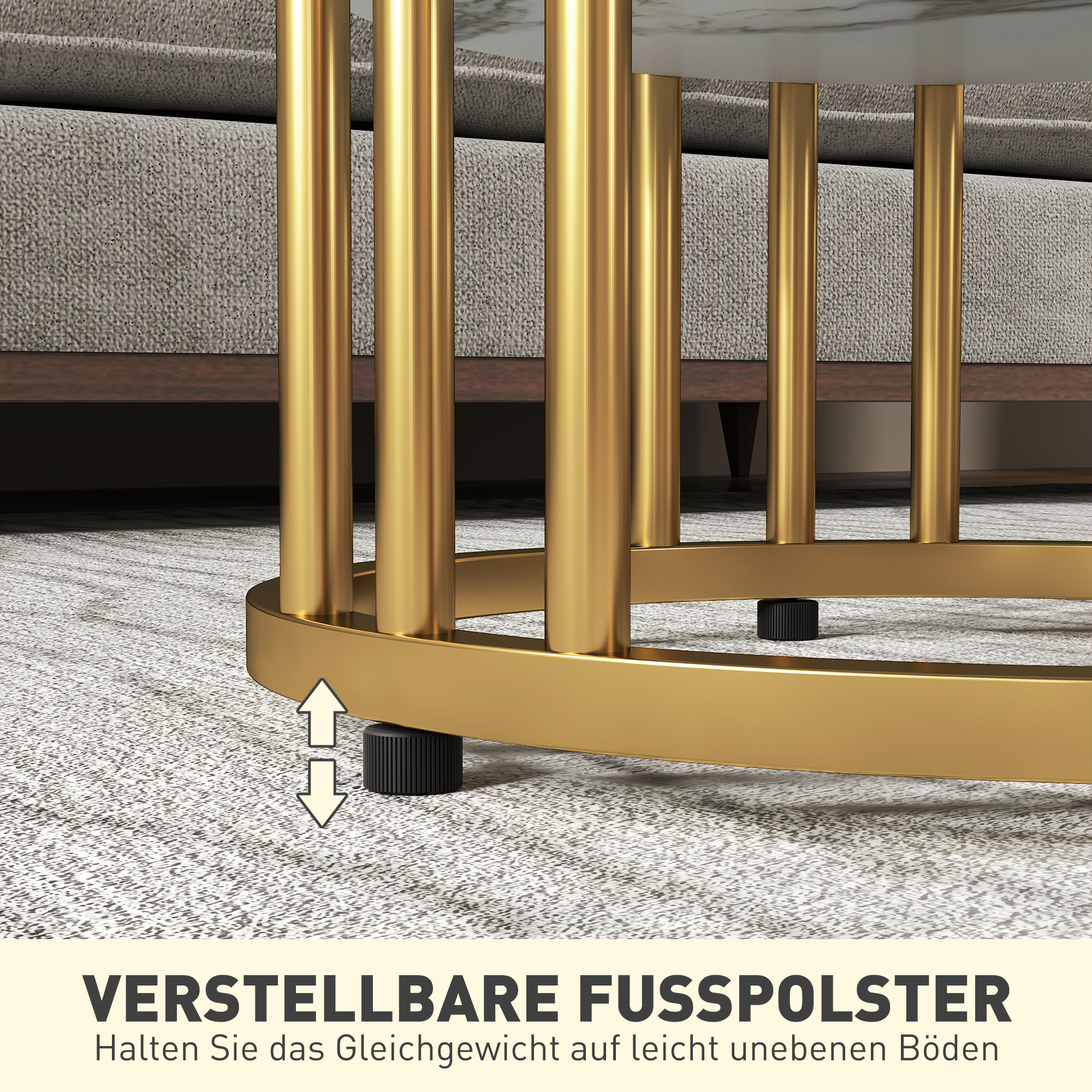 Runder Beistelltisch im 2er-Set, Couchtische in Marmoroptik mit offenem Stauraum und Metallrahmen