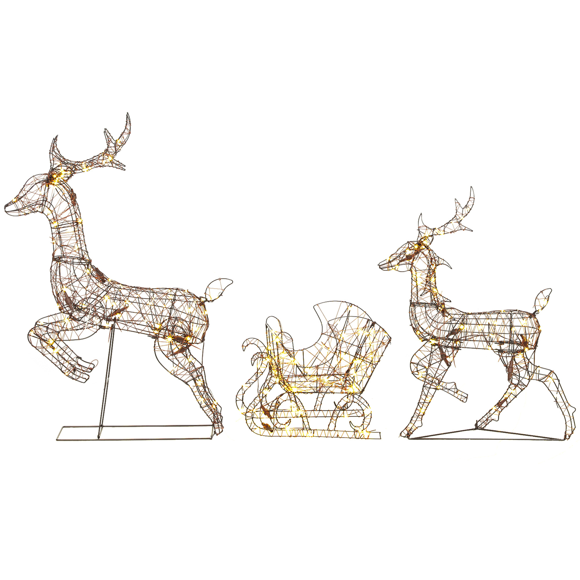 3-tlg. beleuchtetes Rentier- und Schlitten-Set, Weihnachtsdeko aus Polyrattan mit LEDs, 8 Modi, Timer