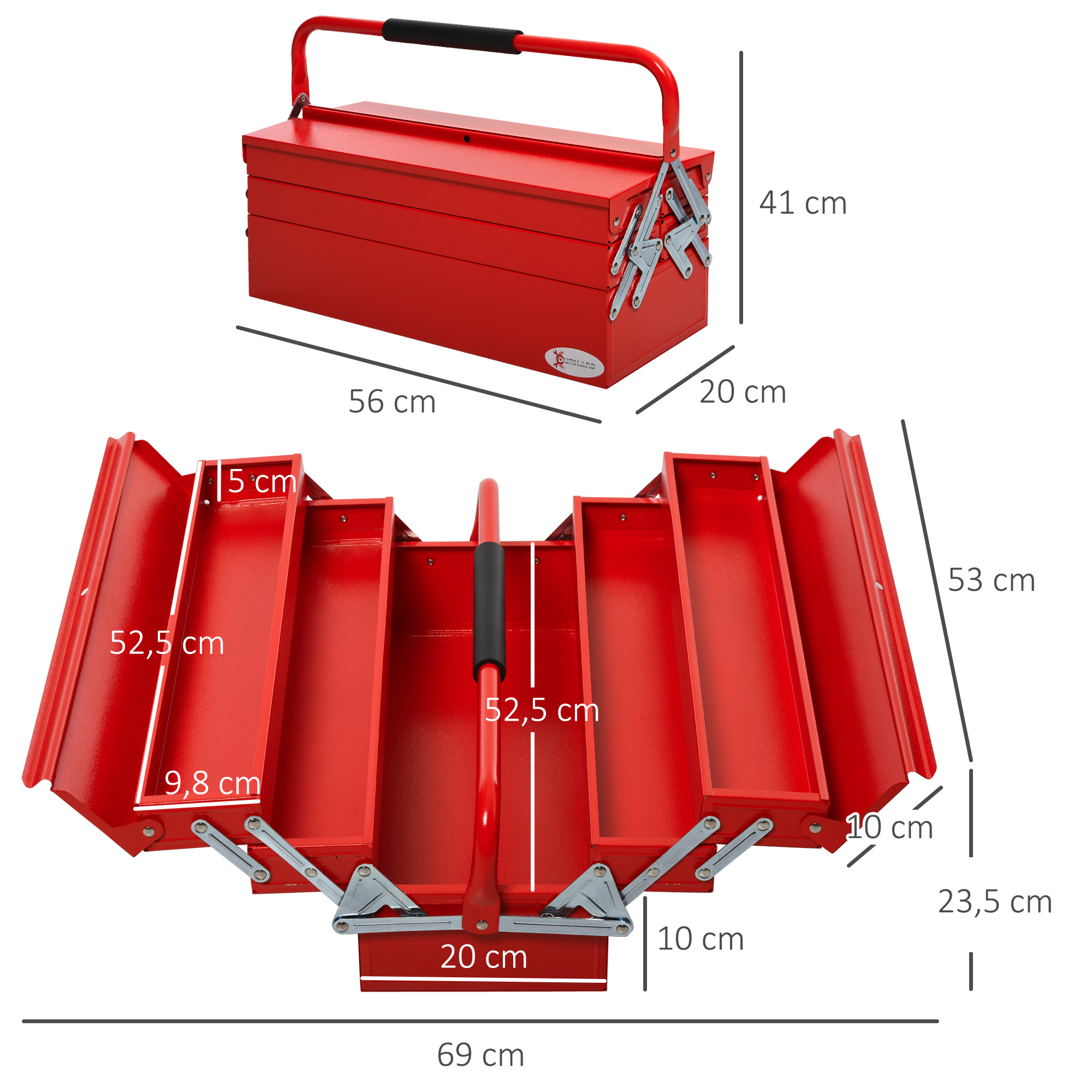 Werkzeugkoffer Werkzeugkiste 5 Fächer aufklappbar Stahl (SPCC) Rot 56 x 20 x 41 cm