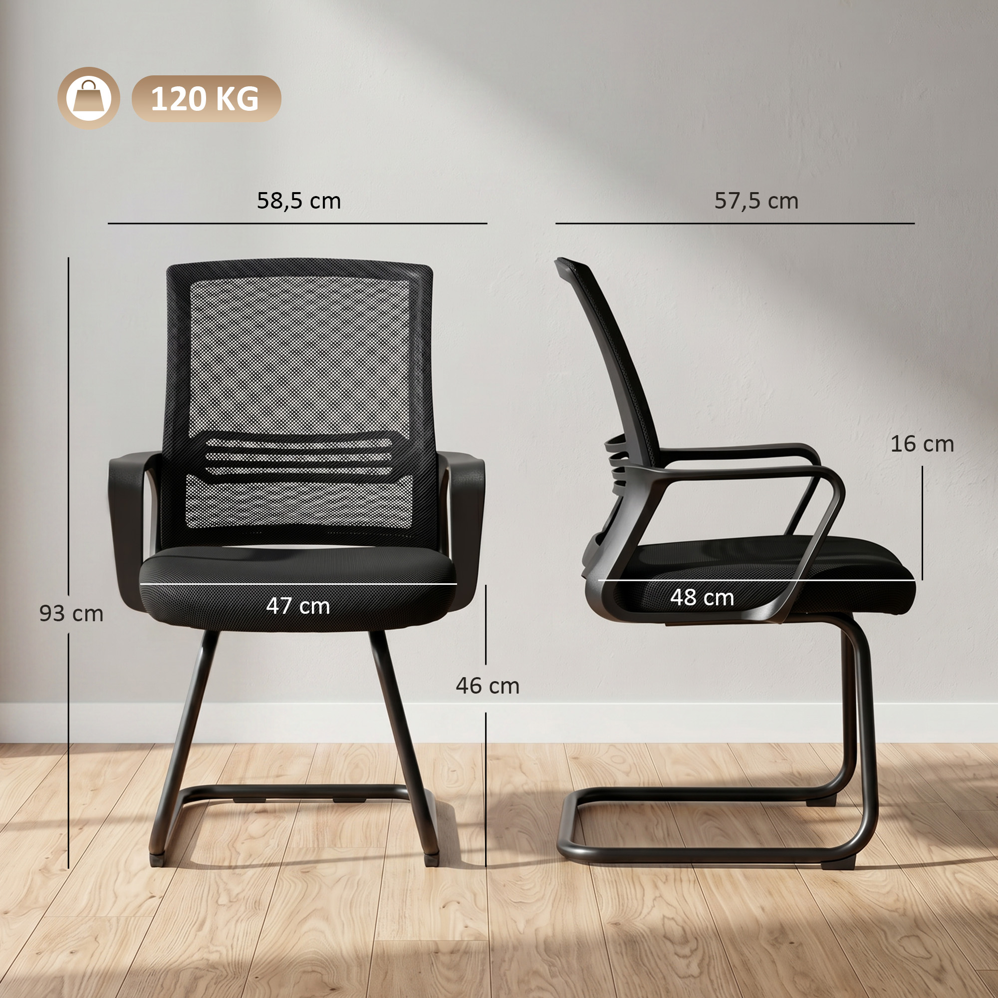 2er-Set ergonomische Schreibtischstühle ohne Rollen, gepolsterte Konferenzstühle mit Kufengestell für Wartezimmer und Empfang, Schwarz