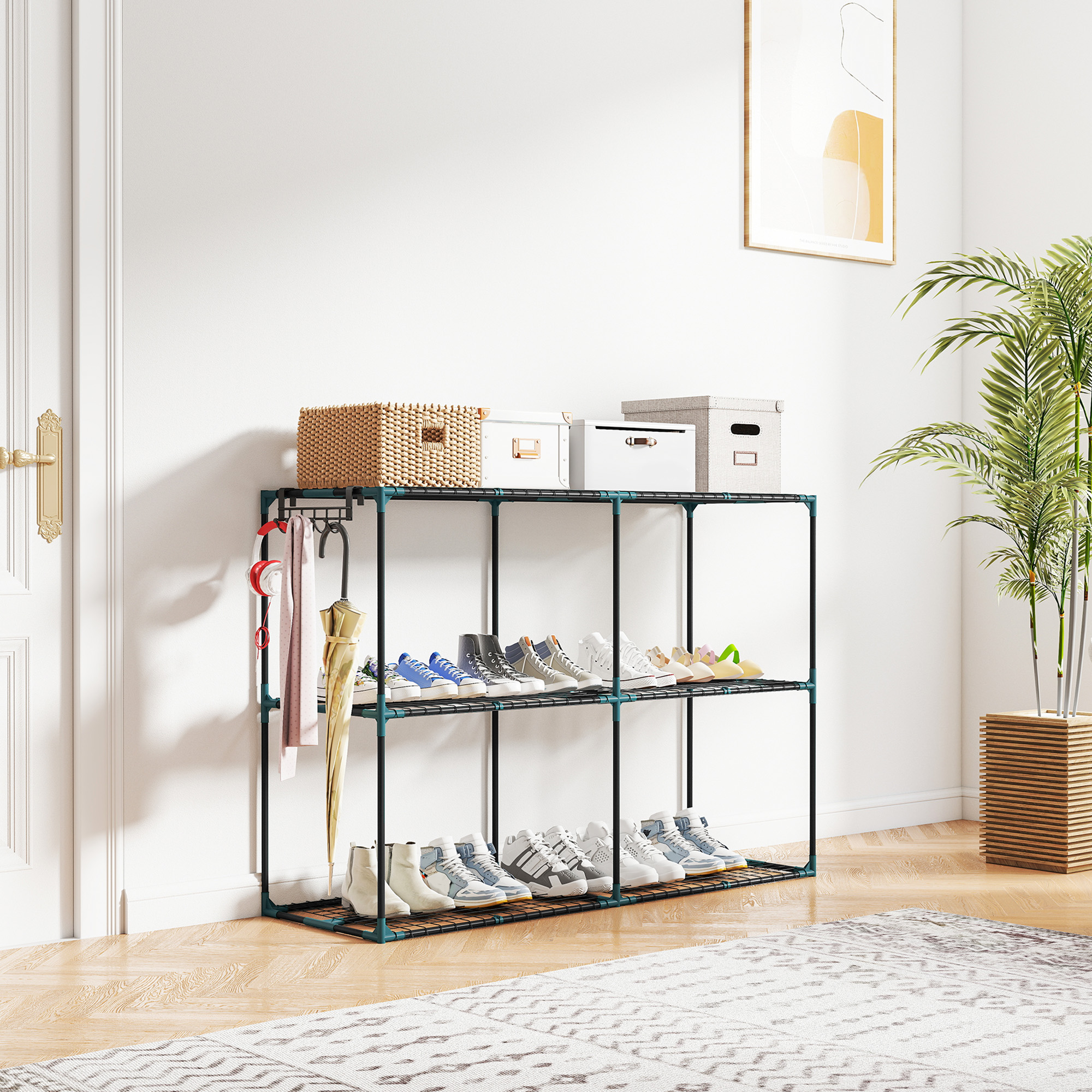 3-Etagen Pflanzenständer, 100 cm hoch Blumenständer mit Regalböden, mehrstöckig Stahl Dunkelgrün