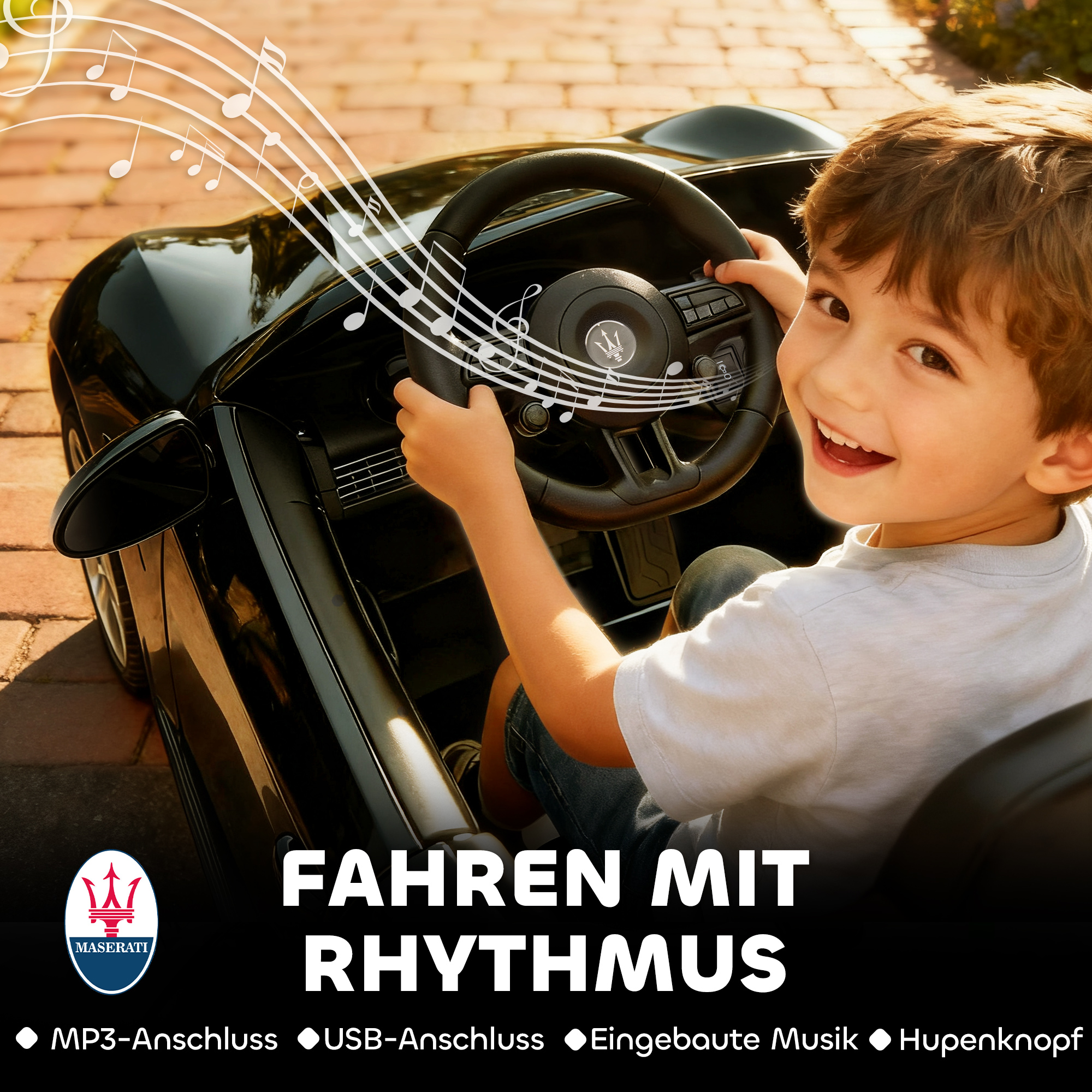 Maserati Elektroauto für Kinder, 2-Sitzer, 12V Batteriebetrieb, Fernbedienung, LED-Lichter, Musikfunktion, Schwarz