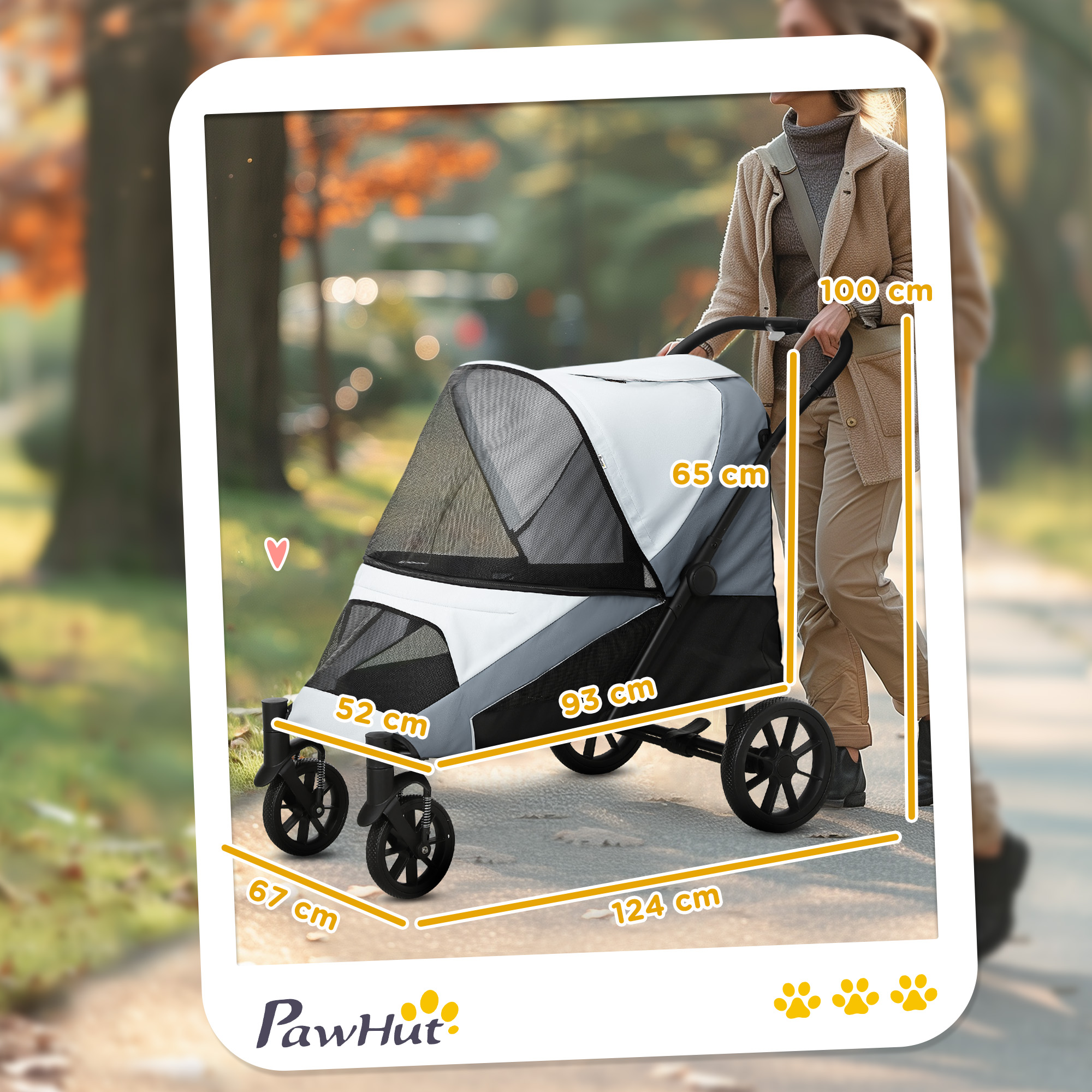 Hundewagen, Faltbarer Hundebuggy für große Hunde, Haustierwagen mit 4 Rädern, Sicherheitsleinen, Bremsen, Grau