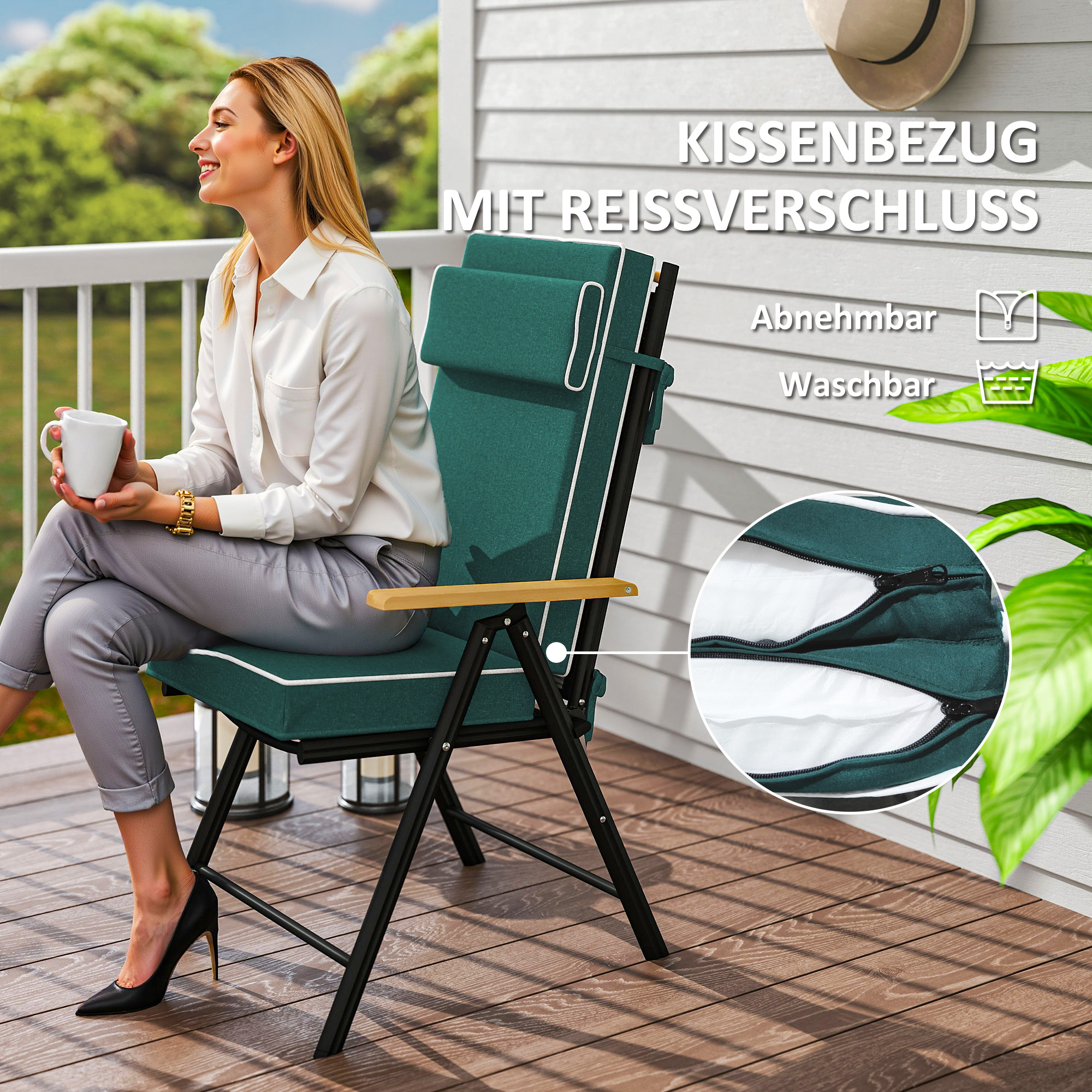 Sitzkissen 120 x 47 x 9,5 cm wasserabweisend Stuhlkissen mit Bändern, Kopfstütze, UPF50+ Grün